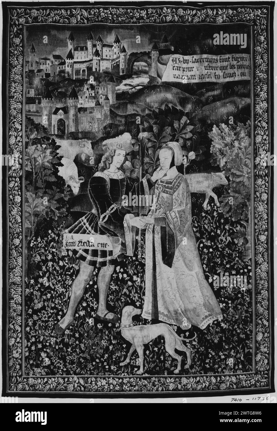 Gentleman et dame dans le paysage. Inconnu c. 1520 dimensions de tapisserie : H 6'6' x l 9'7' tapisserie matériaux / techniques : inconnu culture : Sud des pays-Bas Centre de tissage : inconnu historique de propriété : Français et Co. acheté de MRS Mary Blair, 1918 [SS 10458 dit : nul voir 11767]. French & Co. acheté de MRS Mary Blair 1923 ; vendu 1/23/1923 [SS 11736]. French & Co. acheté chez MRS Mary Blair, facturé le 2/1/1923, vendu le 6/1/1923 [SS 11767]. Inscriptions : inscription dans le champ central sur banderole en haut [non lisible sur la photo] inscriptions : inscription dans le champ central sur banderole sur ma Banque D'Images