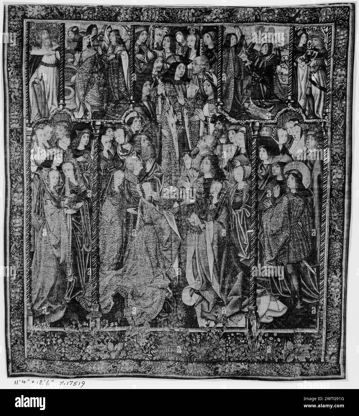 Scènes bibliques avec le roi David dans le coin supérieur L. Inconnu c. 1500-1520 dimensions de tapisserie : H 12'6' x l 11'4' tapisserie matériaux / techniques : inconnu culture : Sud des pays-Bas Centre de tissage : inconnu histoire de propriété : Français et Co. Les colonnes divisent les scènes avec courtisans en 8 compartiments ; le roi David dans le coin supérieur l (BRD) torsadant des vignes de feuillage et de fleurs la bordure inférieure est rattachée aux extrémités. Peut-être tissé à Bruxelles. Pas de feuille de stock français et français dans les archives, pas de numéro de stock travaux liés : panneaux dans le set : GCPA 0239307, 0242504, 0242505, 0242506 Banque D'Images