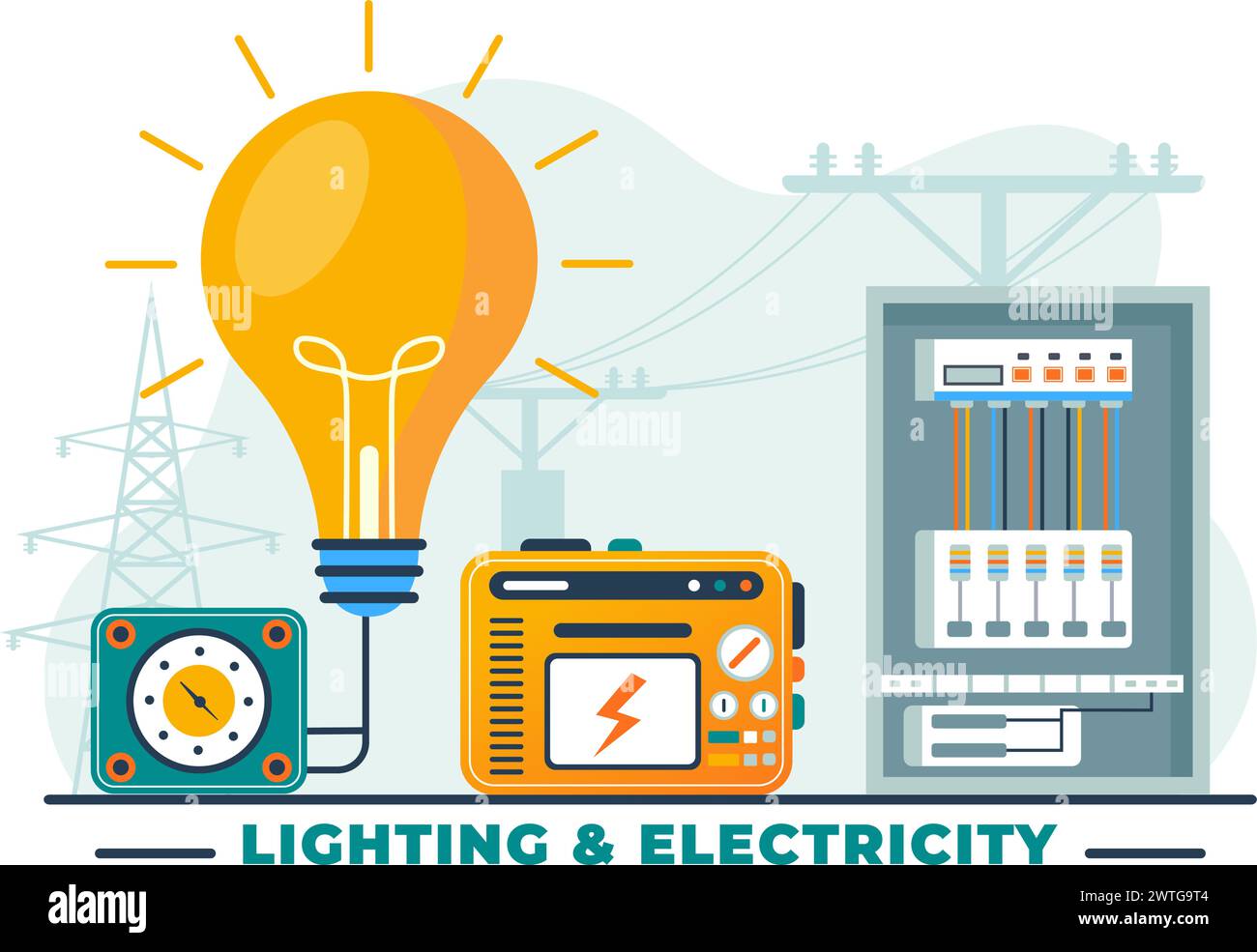 Illustration vectorielle d'éclairage et d'électricité avec lampe et armoire de panneau de service d'entretien d'énergie du technicien travaux électriques sur fond plat Illustration de Vecteur