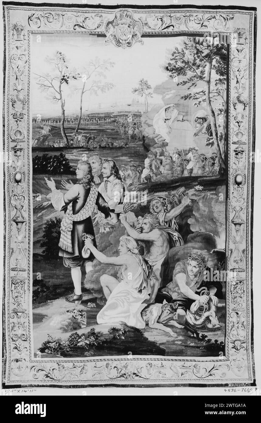 Louis XIV vainc le mal. Le Brun, Charles (français, 1619-1690) (créateur de dessins animés) [peintre] Meulen, Adam Frans van der (flamand, 1632-1690) (créateur de dessins animés) [peintre] Martin, Jean-Baptiste I (français, 1659-1735) (créateur de dessins animés) [peintre] Béhagle, Philippe I (français, né en 1641-d.1705) (atelier) [tisserand] c. 1685-1711 tapisserie dimensions : H 15'11' x l 10'3' laine, soie et fil métallique (or et argent) culture : Centre de tissage français : Beauvais histoire de propriété : commandé par Louis XIV en cadeau au comte Buhl. Lord Amherst of Hackney coll., Didlington Hall, Norfolk, Banque D'Images