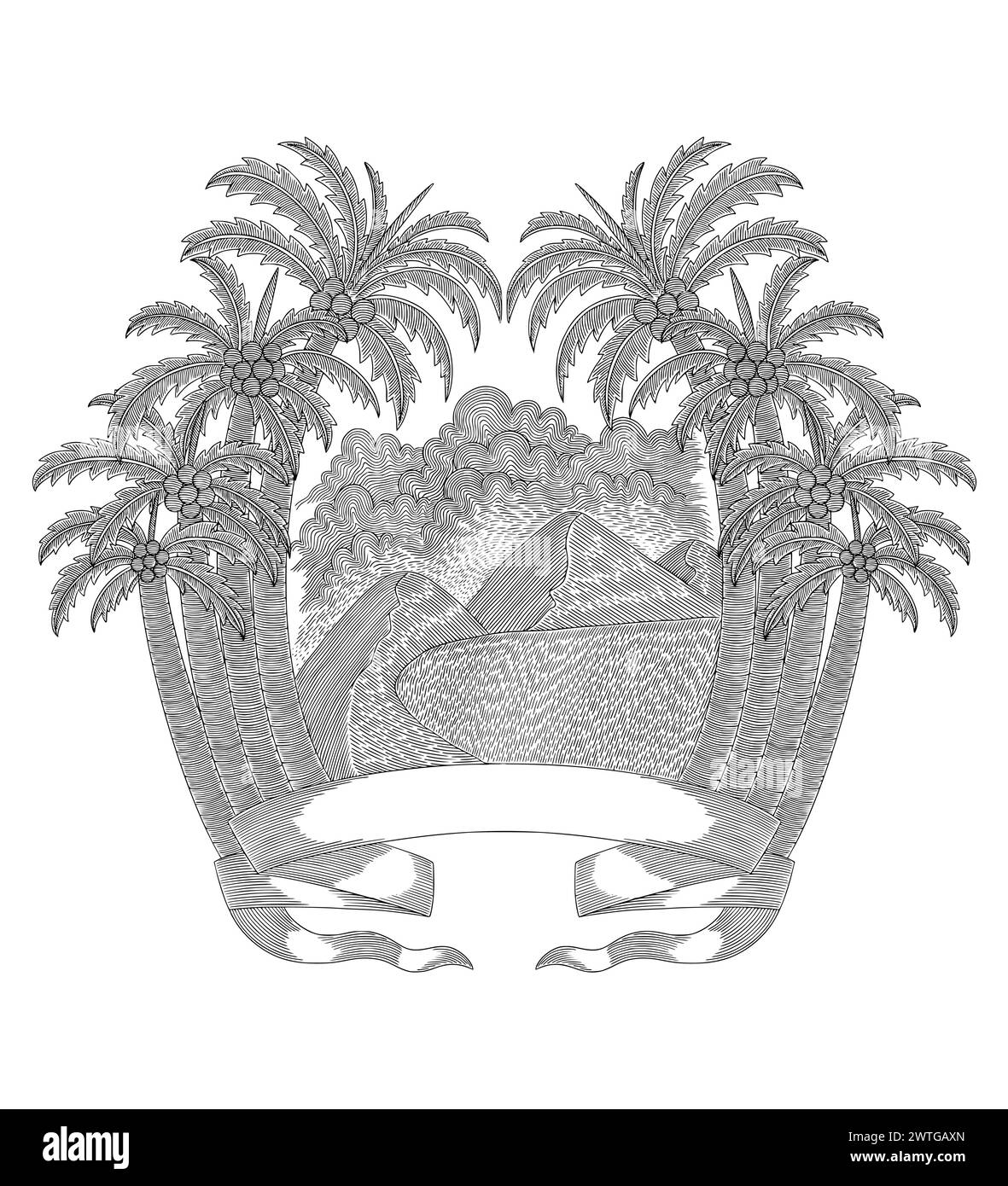 Cadre d'arbre de coco avec bannière, paysage de montagne, illustration de dessin de gravure vintage Illustration de Vecteur