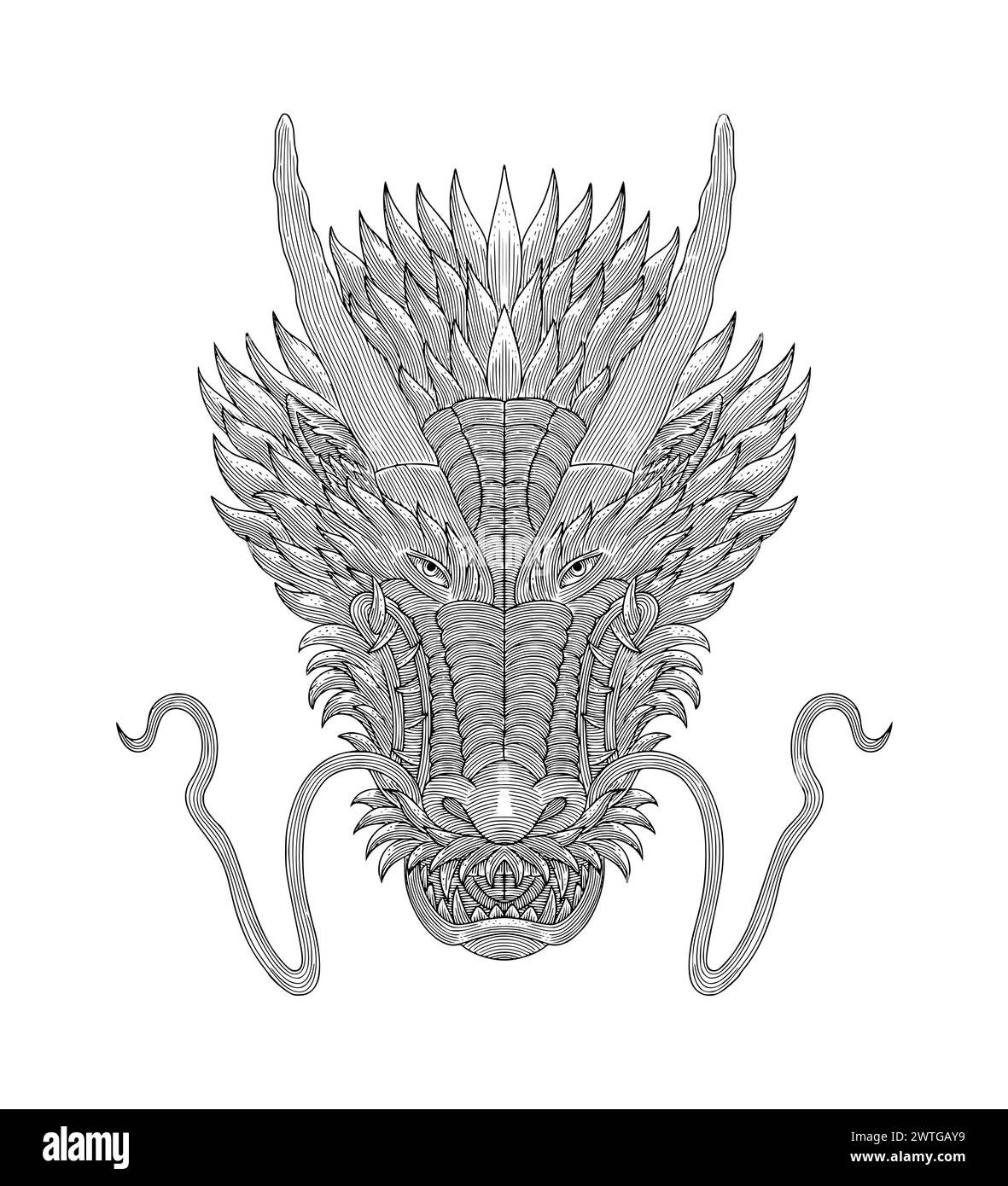 Tête de dragon japonaise, illustration de style de dessin de gravure vintage Illustration de Vecteur