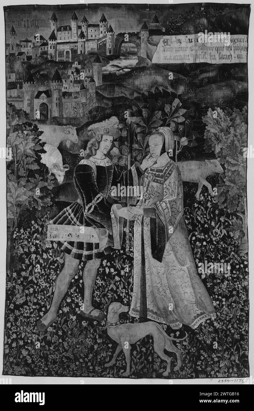 Gentleman et dame dans le paysage. Inconnu c. 1520 dimensions de tapisserie : H 6'6' x l 9'7' tapisserie matériaux / techniques : inconnu culture : Sud des pays-Bas Centre de tissage : inconnu historique de propriété : Français et Co. acheté de MRS Mary Blair, 1918 [SS 10458 dit : nul voir 11767]. French & Co. acheté de MRS Mary Blair 1923 ; vendu 1/23/1923 [SS 11736]. French & Co. acheté chez MRS Mary Blair, facturé le 2/1/1923, vendu le 6/1/1923 [SS 11767]. Inscriptions : inscription dans le champ central sur banderole en haut [non lisible sur la photo] inscriptions : inscription dans le champ central sur banderole sur ma Banque D'Images