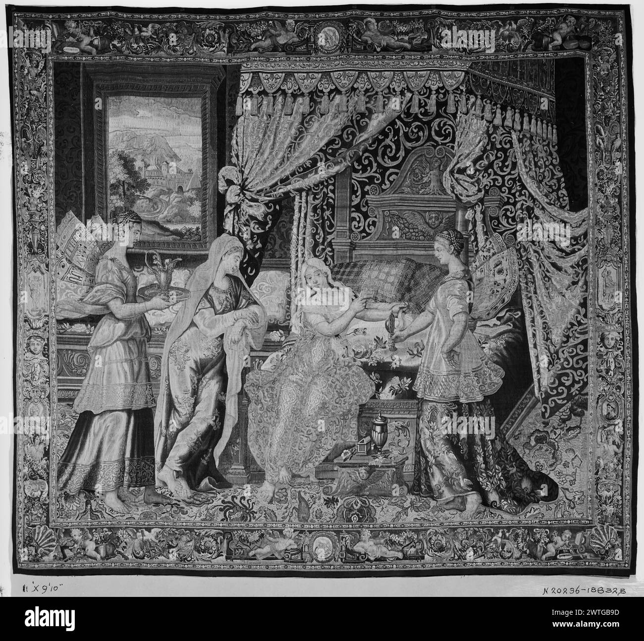 Toilette de Psyché. Raphael (italien, 1483-1520) (dessiné après, école) [peintre] Coxie, Michiel (L'ancien) (pays-Bas (avant 1600) - Flandre, 1499-1592) (auteur de dessin, attr.) [Peintre] c. 1658-1670 tapisserie dimensions : H 9'10' x l 11' tapisserie matériaux/techniques : laine et soie culture : Centre français de tissage : Paris historique de propriété : M. Duseigneur coll. (France). French & Co. reçu de J. Warburton (?) ; retourné le 9/03/1946. États-Unis, Connecticut, Hartford, Wadsworth Atheneum. Psyche, assise au bout du lit à baldaquin, se peigne les cheveux comme 3 nymphes, 2 avec des ailes de papillon, l'assistent Banque D'Images