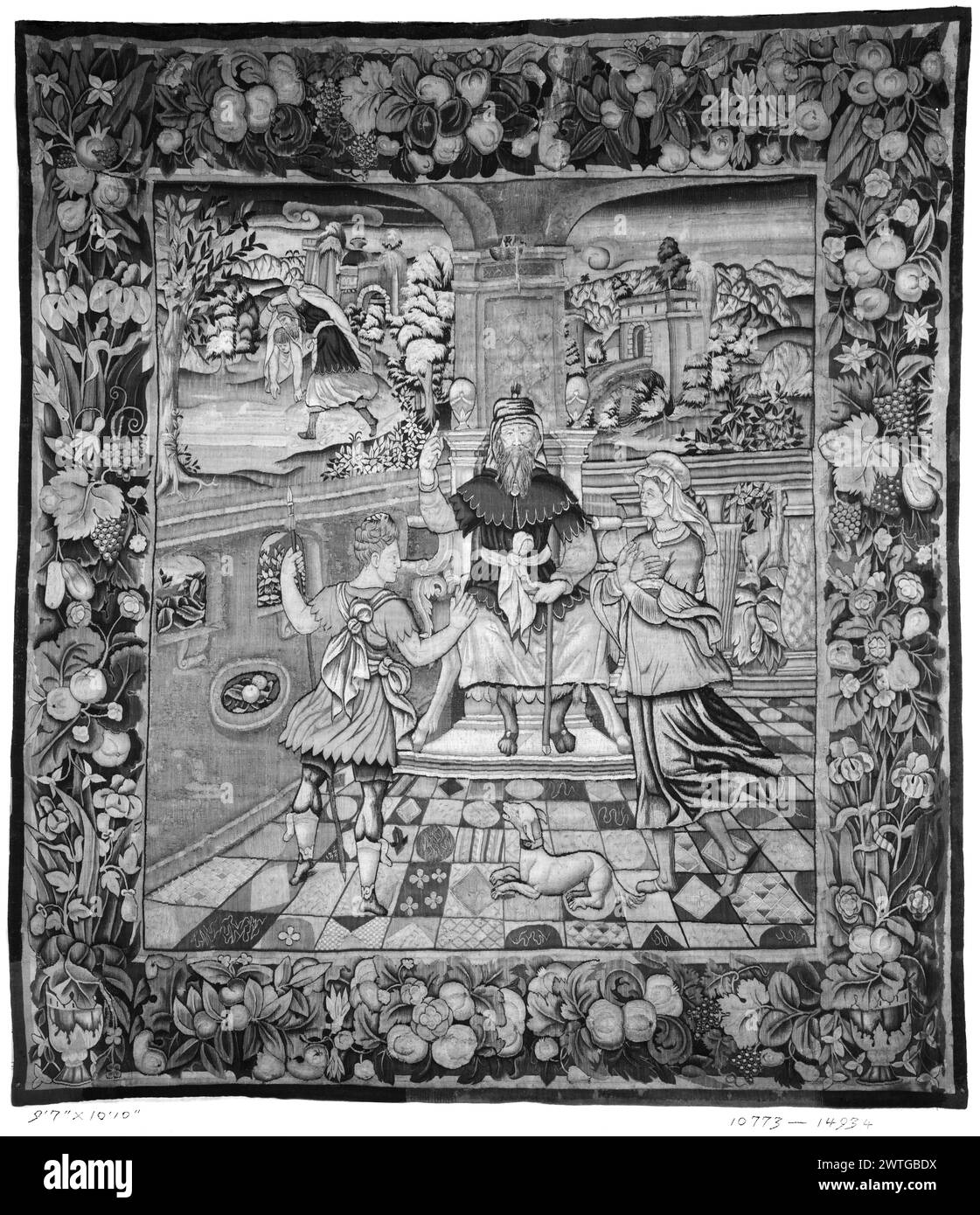 Allégorie du juge juste. Inconnu c. 1570-1600 dimensions de tapisserie : H 10/'0' x l 9'7' tapisserie matériaux/techniques : inconnu culture : Centre de tissage flamand : inconnu historique de propriété : Français & Co. acheté de MRS Mersberger, facturé le 17/03/1927 ; vendu à Salvador Mirauda le 21/09/1944. Le juge assis lève le bras R alors que l'homme et la femme devant lui exposent leurs arguments ; dans la chambre avec 2 fenêtres ouvrant sur le paysage ; l'homme porte mort (?) Enfant dans le paysage sur l (BRD) guirlande avec des fleurs et des fruits, y compris des grenades et des raisins ; vases dans les coins inférieurs titre de Dr Herm. Schmitz, Schlossmuseum, Berlin, Banque D'Images