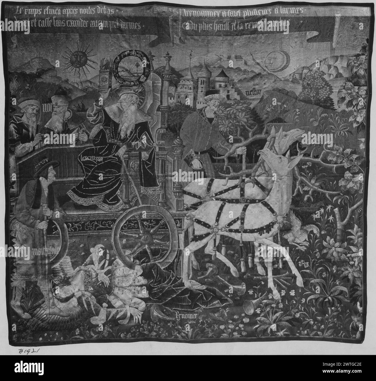 Triomphe du temps sur la renommée. Unknown c. 1500-1530 tapisserie dimensions : H 12'6,25' x l 12'4,25' tapisserie matériaux/techniques : laine (chaîne : 4-5/cm) ; laine et soie (trame) culture : Sud des pays-Bas histoire de propriété : Français et Co. acheté à Arnold Seligmann Rey & Co., Inc. 11/16/1916 ; vendu à George Pratt le 19/02/1921. Legs de George D. Pratt, 1935. États-Unis, New York, New York, le Metropolitan Museum of Art, accno. 41.167.1. Inscriptions : inscription sur banderoles au-dessus de la scène : le [t]emps esmeu apres bruits debas / V[i]el et casse sans craindre aucun port darmes / A renomme a faict plusi Banque D'Images