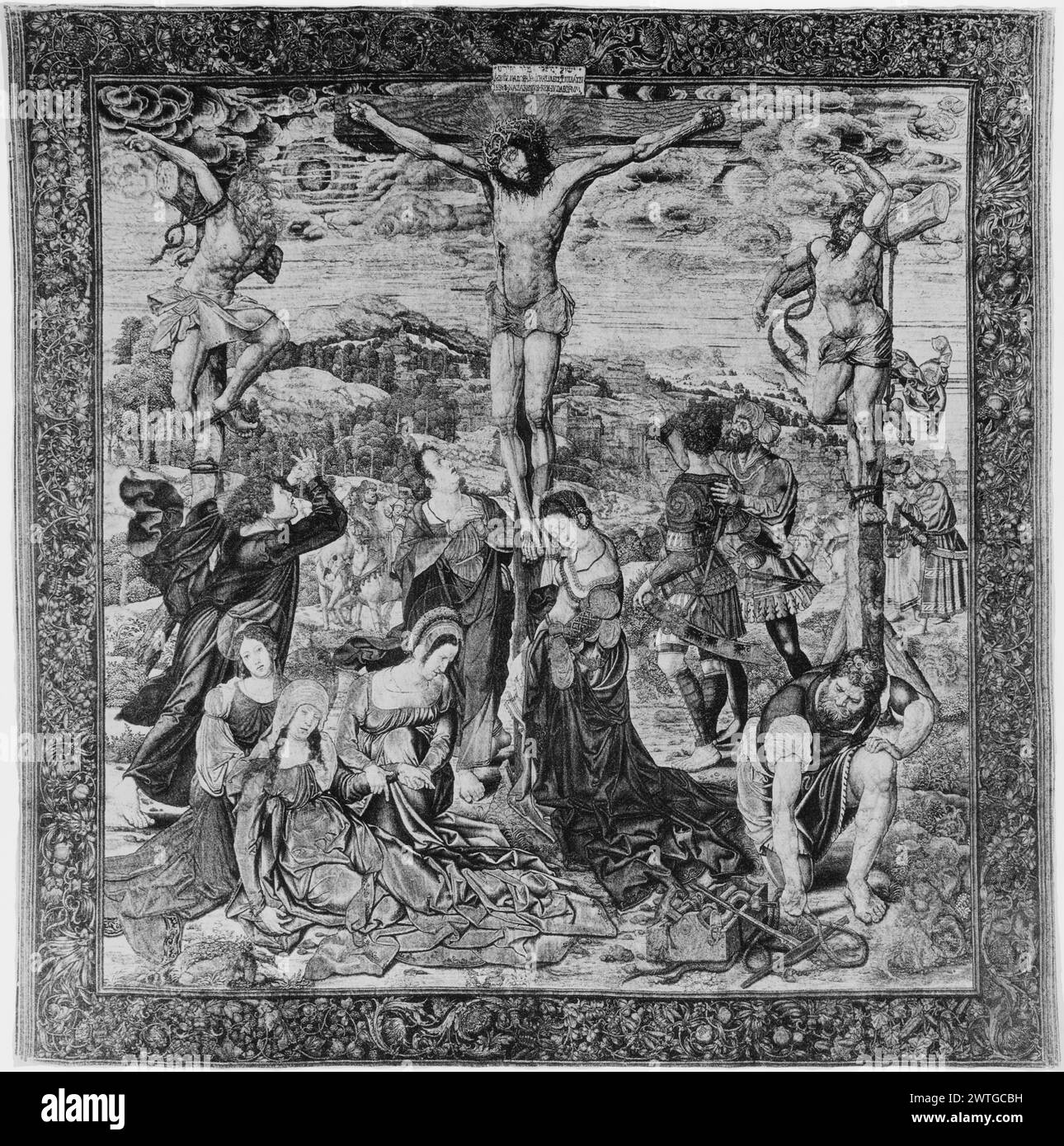 Passion du Christ : crucifixion. Orley, Bernart van (pays-Bas (avant 1600) - Flandre, CA.1492-1542) [peintre] Pannemaker, Pieter de I (pays-Bas (avant 1600) - Flandre, ACT.1517-1535) (atelier, probablement) [tisserand] c. 1525-1528 tapisserie dimensions : H 143.5' x W 139.5' tapisserie matériaux/techniques : laine (chaîne : 10-12/cm) ; soie (trame) ; fil métallique (argent & dorure) duc de Berwick & Alba, coll. ; vendu en 1877 à Jean Dollfus. Jean Dollfus coll. ; vendu à Jacques Seligmann 4/1912. Jacques Seligmann & Co ; vendu à J. P. Morgan. Français et Royaume-Uni Banque D'Images