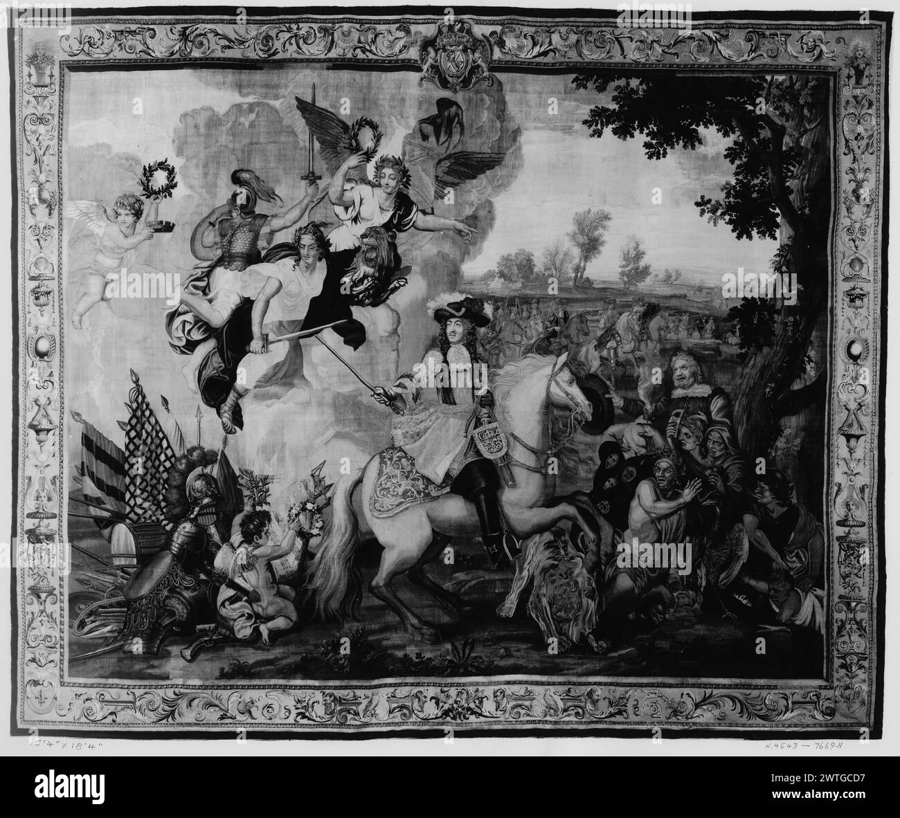 Triomphe de Louis XIV Le Brun, Charles (français, 1619-1690) (créateur de dessins animés) [peintre] Meulen, Adam Frans van der (flamand, 1632-1690) (créateur de dessins animés) [peintre] Martin, Jean-Baptiste I (français, 1659-1735) (créateur de dessins animés) [peintre] Béhagle, Philippe I (français, né en 1641-d.1705) (atelier) [tisserand] c. 1685-1711 tapisserie dimensions : H 15'5' x l 18'5' laine, soie et fil métallique (or et argent) culture : Centre de tissage français : Beauvais histoire de propriété : commandé par Louis XIV en cadeau au comte Buhl. Lord Amherst of Hackney coll., Didlington Hall, Norfolk, Engla Banque D'Images