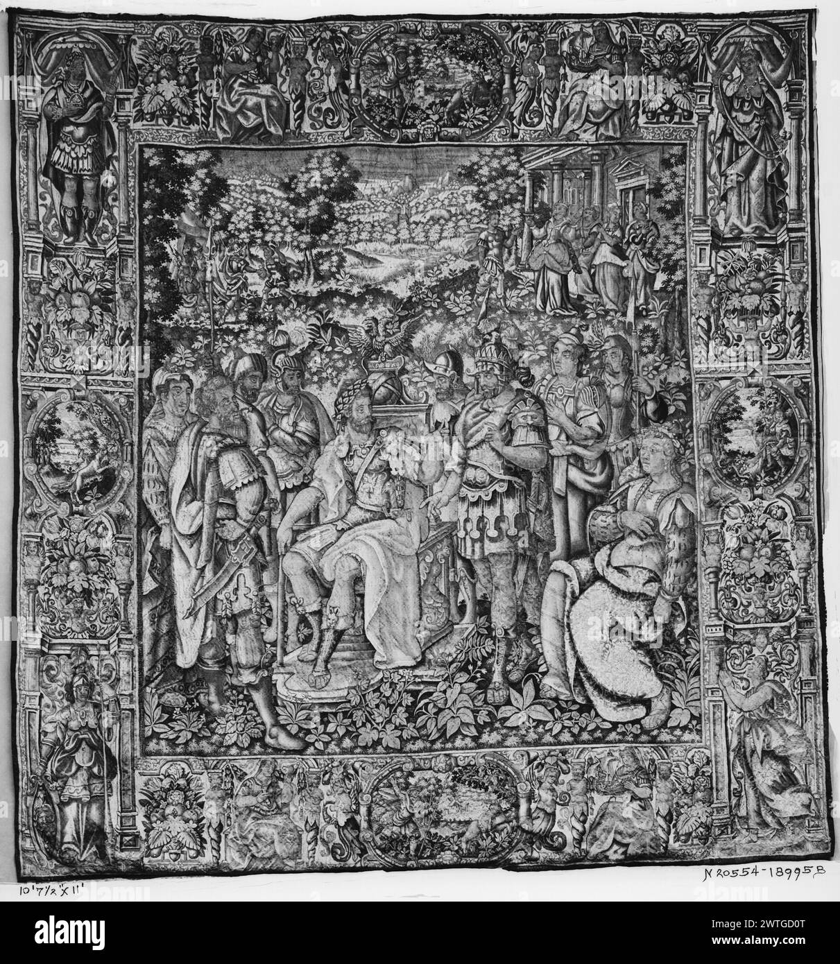 Ulysse comme roi d'Ithaca tenant conseil avec ses courtisans. Aerts, Nicaise (The Elder) (pays-Bas (avant 1600) - Flandre, Act.1550) (atelier) [tisserand] c. 1575-1600 dimensions de tapisserie : H 11' x l 10'7,5' matériaux/techniques de tapisserie : culture inconnue : Centre flamand de tissage : Bruxelles histoire de la propriété : Français & Co. reçu de John F. Dryden / Mrs. Newcombe C. Baker, facturé le 24/1937 ; retourné le 1/19/1939; retour à French & Co. 8/1939 ; retourné le 25/04/1940. Dans une collection en Belgique. Inscriptions : marque de tisserand sur la garde droite, Ulysse inférieur intronisé, flanqué de courtisans ; en landsca Banque D'Images