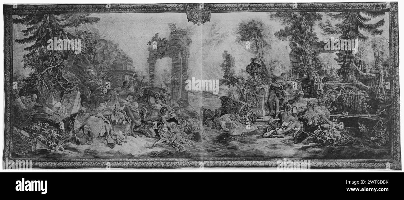 Bacchus (Dionysos) et Ariane, Bacchus se transforme en raisin. Boucher, François (français, 1703-1770) (auteur du dessin) [peintre] Besnier, Nicolas (français, né en 1686-d.1754) (atelier) [tisserand] Oudry, Jean-Baptiste (français, 1686-1755) (atelier) [peintre] Charron, André-Charlemagne (français, fl.1754-1780) (atelier) [tisserand] c. 1749-1770 tapisserie dimensions : H 12'2' x W 27'5' tapisserie matériaux/techniques : laine et soie Centre d'histoire du tissage : Beauvage : Beauveur : peut-être donné à Catherine la Grande par Louis XV, qui l'a peut-être donné à l'un des Politzoff (feuille de stock). Politzoff co Banque D'Images