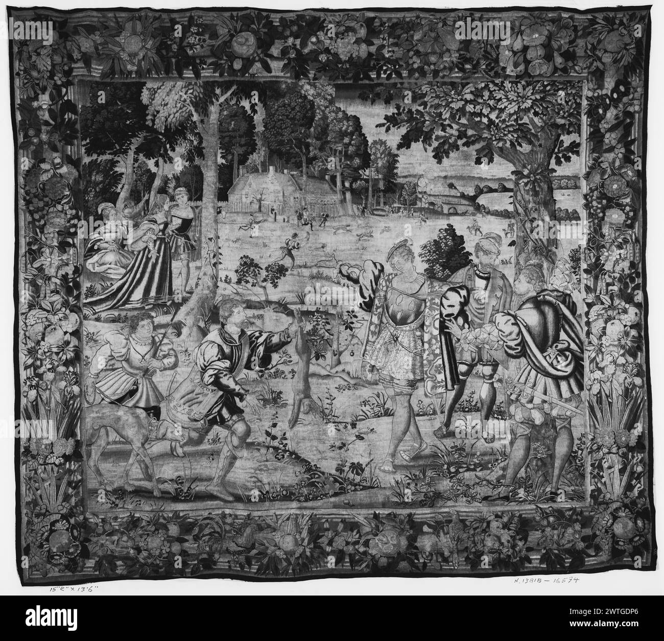 Cyrus reçoit un message de Harpagos. Inconnu c. 1535-1550 dimensions de tapisserie : H 13'6' x l 15'2' tapisserie matériaux/techniques : inconnu culture : Centre de tissage flamand : Bruxelles historique de propriété : Français & Co. reçu de Joseph Brummer, facturé le 25/1929 ; retourné le 5/3/1932 [SS 16594]. French & Co. reçu de MRS Edith Strauss le 29/10/1947 ; retourné le 10/21/1963 [SS 79357]. Cyrus se tient debout avec les bras tendus (R du centre) ; 2 courtisans se tiennent à proximité (R, au premier plan) ; le messager d'Harpagos approche tenant un lièvre mort dans lequel il y a un message caché à l'intérieur (l du centre, au premier plan) ; homme derrière Banque D'Images