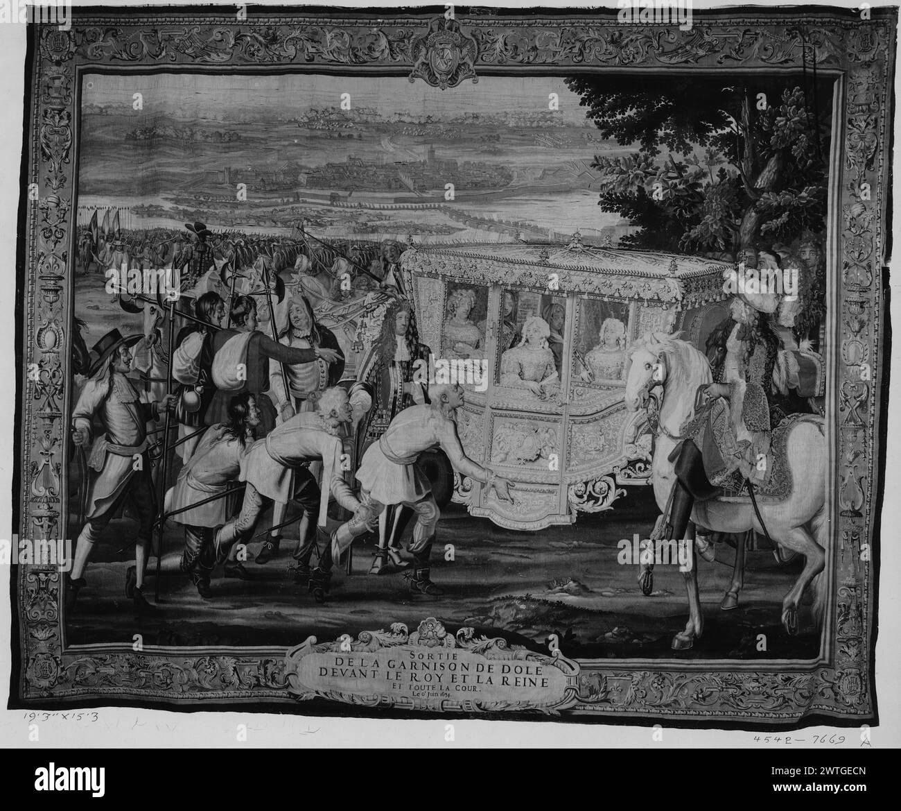 Roi Louis XIV à Dole. Le Brun, Charles (français, 1619-1690) (créateur de dessins animés) [peintre] Meulen, Adam Frans van der (flamand, 1632-1690) (créateur de dessins animés) [peintre] Martin, Jean-Baptiste I (français, 1659-1735) (créateur de dessins animés) [peintre] Béhagle, Philippe I (français, né en 1641-d.1705) (atelier) [tisserand] c. 1685-1711 tapisserie dimensions : H 15'8' x l 19'1' laine, soie et fil métallique (or et argent) culture : Centre de tissage français : Beauvais histoire de propriété : commandé par Louis XIV en cadeau au comte Buhl. Lord Amherst of Hackney, coll., Didlington Hall, Norfolk, en Banque D'Images