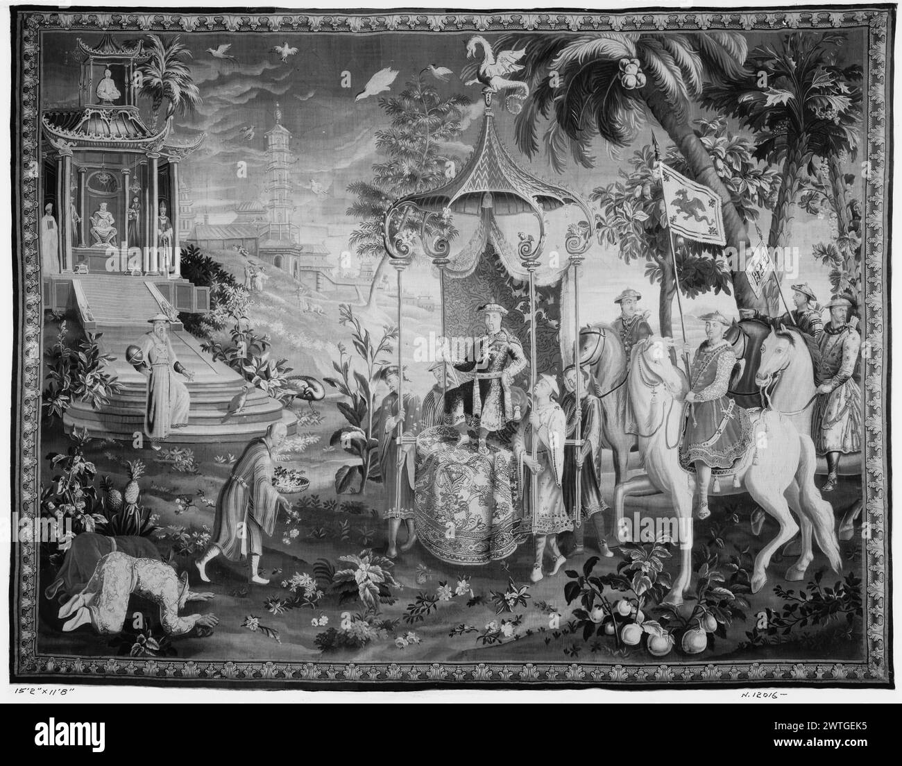 Empereur en voyage. Vernansal, Guy-Louis (français, 1648-1729) (auteur de design, attr.) [Peintre] Monnoyer, Jean-Baptiste (français, 1636-1699) (auteur du dessin) [peintre] Belin, Jean-Baptiste I (français, 1653-1715) (auteur o design) [peintre] c. 1700-1725 tapisserie dimensions : H 11'8' x l 15'2' tapisserie matériaux/techniques : inconnue culture : Centre de tissage français : Beauvais histoire de propriété : Français & Co. acheté de Mrs. A. B. Spreckels, facturé le 16/1928; vendu à Charles de Beistegui 31/08/1947. Paysage avec Empereur assis dans un palanquin doublé et soutenu de riches textiles brodés, toppe Banque D'Images