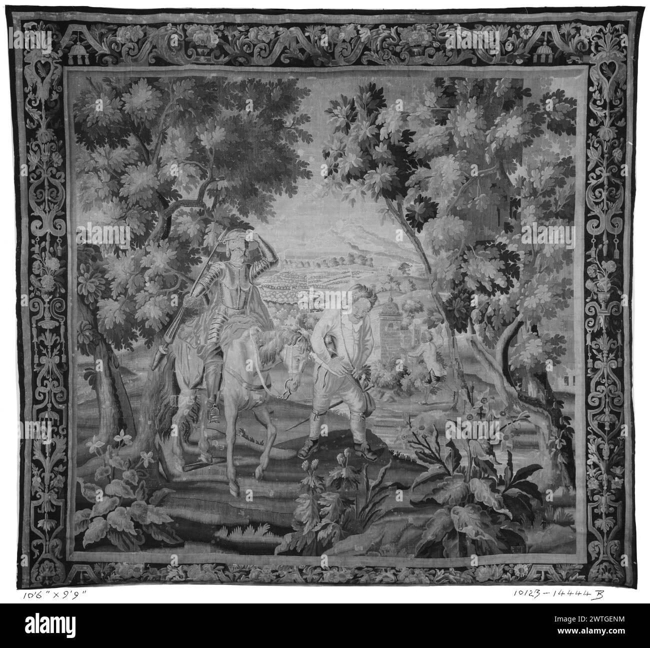 Don Quichotte et Sancho se sont lancés dans leur quête. Inconnu c. 1750 dimensions de tapisserie : H 9'9' x l 10'6' tapisserie matériaux/techniques : inconnu culture : Centre de tissage français : Aubusson historique de propriété : French & Co. acheté de Henry Symons, facturé le 10/8/1926, vendu à Albert Fried le 17/10/1928. Don Quichotte à cheval avec Sancho à pied dans un paysage boisé (UPR & LWR BRD) ruban entrelacé & rouleau d'acanthus avec fleurs et pompons ; (l & R BRD) ornement avec parenthèses, feuilles d'acanthus & fleurs Français & Co. feuille de stock dans les archives, 14444-b [listes aussi : 32547] travaux connexes: panneaux dans le set : GCPA 0 Banque D'Images