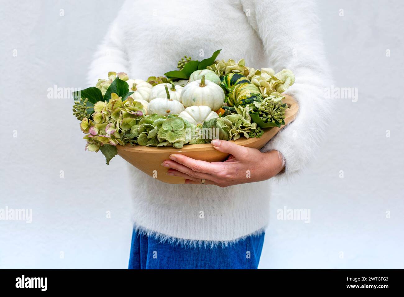 Femme méconnaissable tenant de petites citrouilles blanches mûres fraîches. Citrouilles naines décoratives organiques dans une auge en bois. Banque D'Images