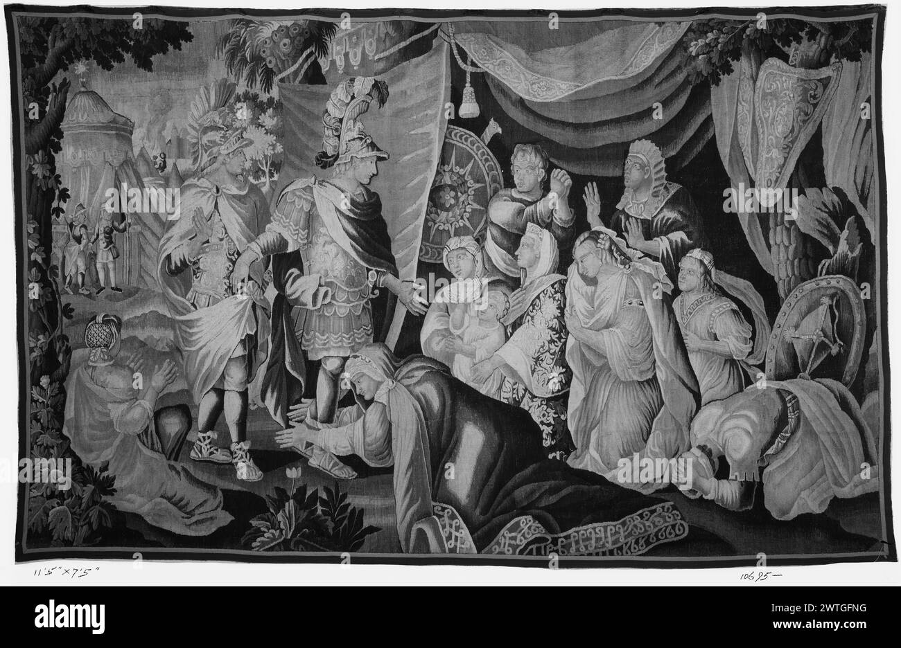 Famille de Darius avant Alexandre. Le Brun, Charles (français, 1619-1690) (dessiné après) [peintre] c. 1700-1725 tapisserie dimensions : H 7'5' x l 11'5' tapisserie matériaux/techniques : culture inconnue : Centre de tissage français : Marche historique de propriété : Français & Co. acheté de l'American Art Association (Field Smith sale ?), facturé le 3/1/1927 ; vendu au Caesar Theatre Corp. 10/7/1927. Alexandre accompagné d'Héphaïsèse, tous deux en armure avec des casques à plumes (l), se tiennent devant la famille de Darius ; les membres de la famille, avec enfant, agenouillé, certains prostrés devant Alexandre sous tente ; tentes supplémentaires avec gua Banque D'Images