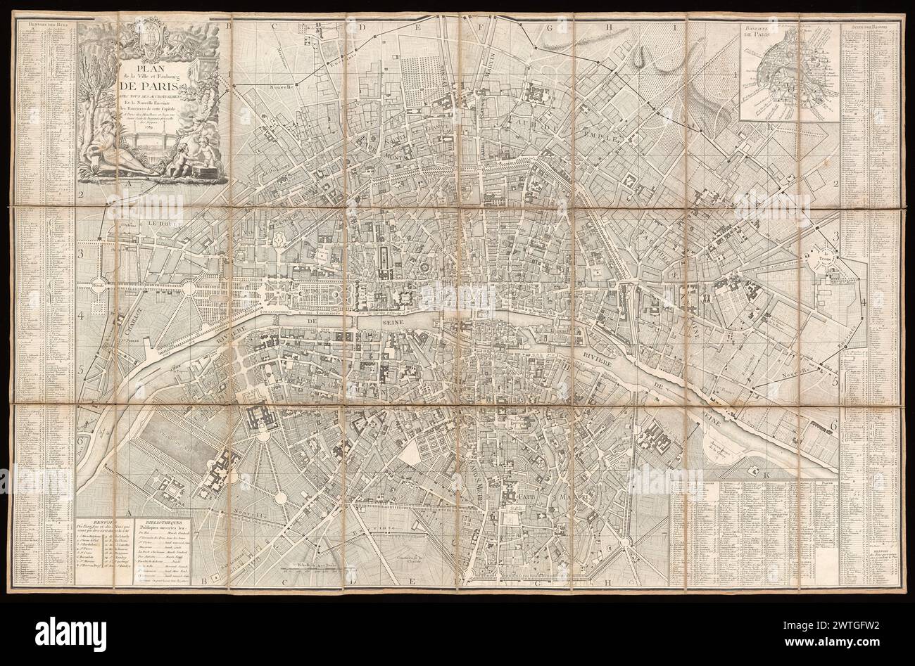 Plan de la ville et faubourg de Paris avec tous ses accroissemens et la nouvelle enceinte des Barrieres de cette capitale, 1789. 1789 publié annuellement 1788-1790. Voir Boutier. Panneau de titre décoré en haut à gauche. Carte en encart de 'banlieue de Paris' en haut à droite (échelle non donnée). Barre graduée au centre inférieur. Index des rues et des bâtiments importants aux marges gauche et droite, indexés sur une grille étiquetée A-I, K horizontalement et 1-7 verticalement. Coupé en 24 panneaux et monté sur lin. Plan plié en carton collé étui recouvert de papier glacé, doré outillé incluant titre sur étiquette : Plan de Paris. SCA Banque D'Images