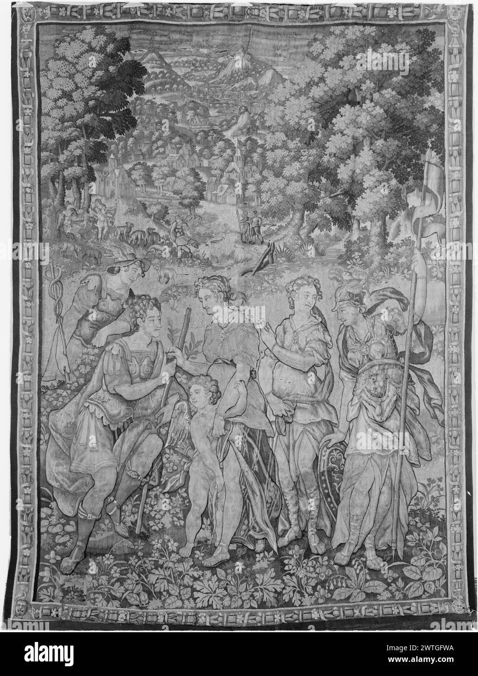 Jugement de Paris. Inconnu c. 1575-1600 dimensions de tapisserie : H 7'8' x l 7'8' tapisserie matériaux/techniques : inconnu culture : Centre de tissage flamand : inconnu historique de propriété : Français et Co. acheté de Richard E. Conley 3/9/1953. Dans le paysage, les déesses Vénus (Aphrodite), Junon (Héra) et Minerve (Athéna) se tiennent devant Paris et Mercure (Hermès) (premier plan) ; berger avec troupeau et autres figures (arrière-plan) (BRD) cordes de perles ornementales avec des fleurs dans le ruban spiralé ; coins tiennent des masques de lion français et de Colombie feuille de stock dans les archives, 52995-x Banque D'Images