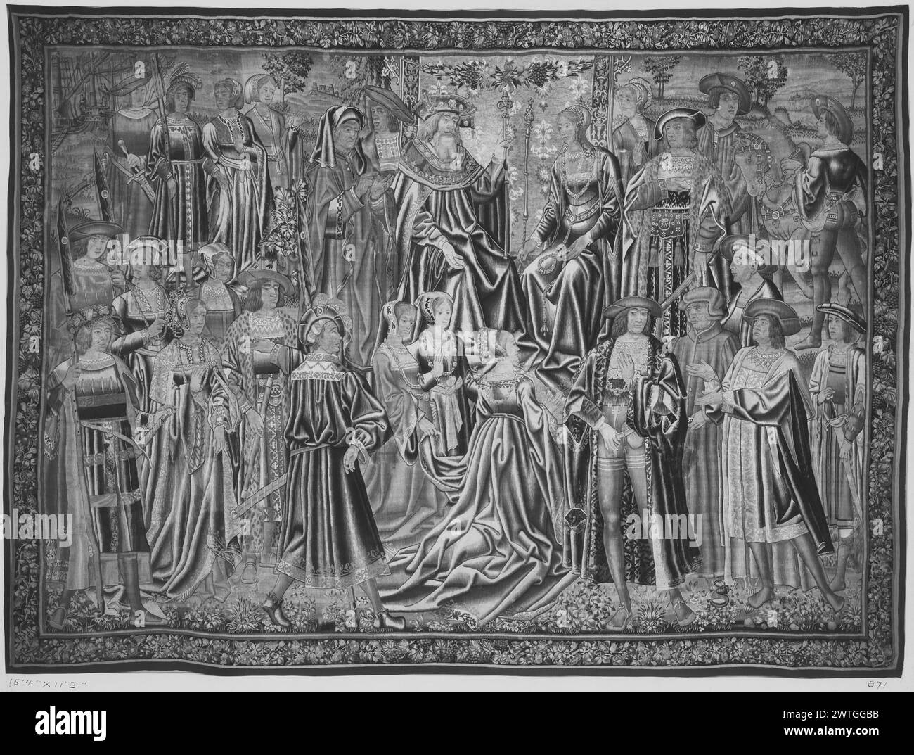 Jeune femme apparaissant devant le roi et la reine. Inconnu c. 1515-1520 dimensions de tapisserie : H 11'2' x l 15'4' tapisserie matériaux / techniques : inconnu culture : Sud des pays-Bas Centre de tissage : inconnu histoire de propriété : Français et Co. 'Return to Mackay' écrit au dos de la photographie ; fait probablement référence à la collection de tapisseries de Clarence Hungerford Mackay. Jeune femme agenouillée devant le roi et la reine alors que les courtisans regardent (BRD) guirlande avec des fleurs et des raisins éventuellement tissés à Bruxelles. Pas de feuille de stock français et anglais dans les archives, pas de numéro de stock Banque D'Images