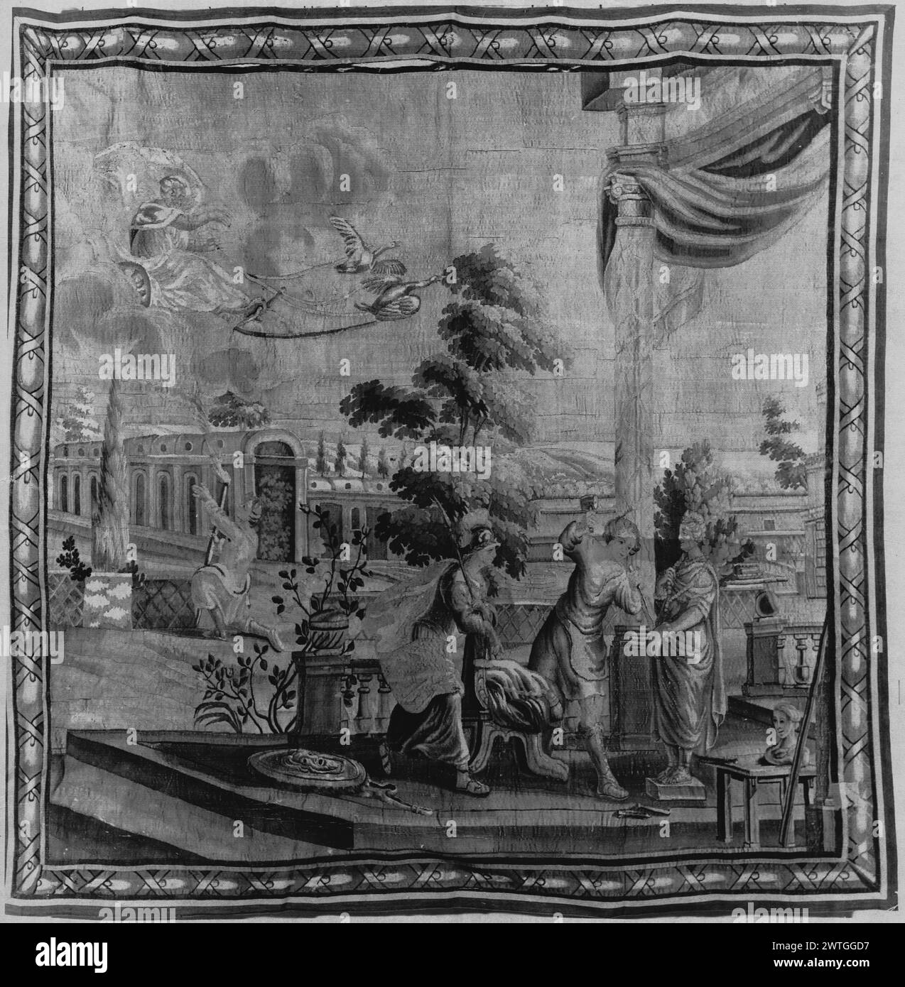Statue de sculpture Pygmalion de Vénus (Aphrodite). Inconnu c. 1680-1710 dimensions de tapisserie : H 8' x l 8' matériaux / techniques de tapisserie : inconnu culture : Centre de tissage flamand : Anvers histoire de propriété : Français et Co. Sur la terrasse, à l'extérieur du palais, Pygmalion sculpte la statue Minerva (?) Avec des approches lance, casque et bouclier (R avant-plan) ; dans le jardin de la cour, Pygmalion prie à Vénus, assis dans un chariot tiré par des oiseaux dans le ciel au-dessus (l milieu du sol) (BRD) ruban entrecroisé en spirale autour de la tige centrale French & Co feuille de stock manquante dans les archives, H-167 Banque D'Images