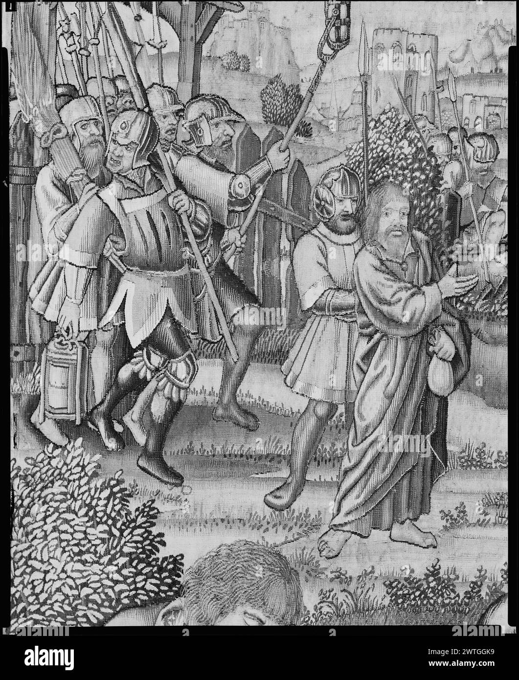 Agonie du Christ. Inconnu c. 1520-1530 tapisserie dimensions : H 9'8' x W 7' tapisserie matériaux/techniques : laine et soie culture : Sud des pays-Bas histoire de propriété : Duc d'Estremera coll., Espagne. French & Co. acheté de Lionel Harris, facturé le 7 décembre 1928 ; vendu MRS Percy Straus 9/29/1928 [SS 32473]. French & Co. acheté aux galeries Parke-Bernet (vente Straus) 10/13/1945 [SS 43775]. Allemagne, Hambourg, Hambourg, Museum für Kunst und Gewerbe, accno. 1960.107/St.150. Sur le Mont des oliviers (Oelberg), le Christ prie dans le jardin de Gethsémané pendant la nuit près de 3 apsotles endormis ; l'ange apparaît dans le ciel Banque D'Images