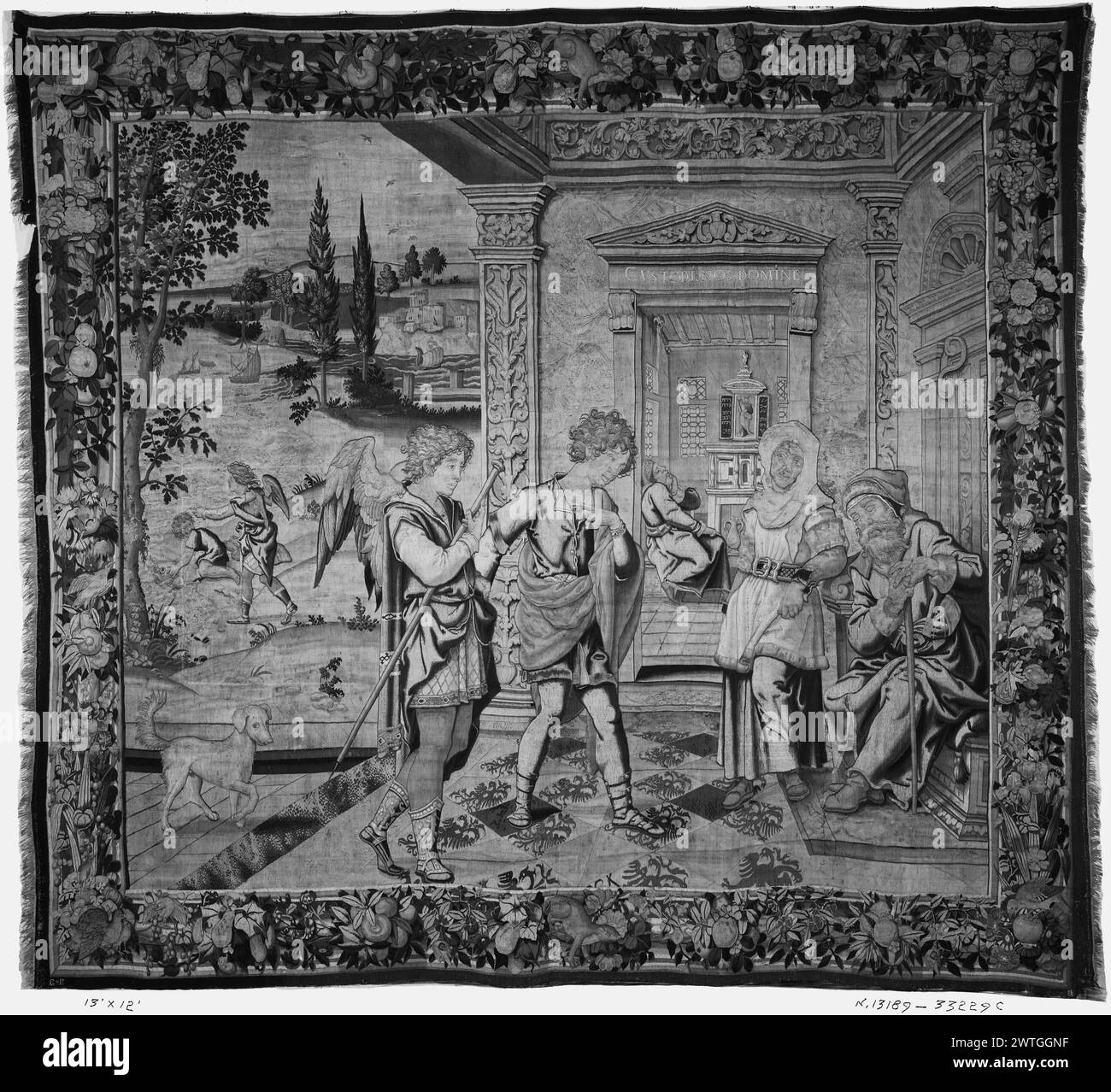 Le retour de Tobias. Unknown c. 1540 tapisserie dimensions : H 12' x l 13' tapisserie matériaux/techniques : inconnu culture : Centre de tissage flamand : Bruxelles histoire de propriété : Français et Co. Inscriptions : marque de ville sur la garde inférieure, à gauche ; marque de tisserand non identifiée sur la garde inférieure, à droite dans le cadre architectural, Anna (Anne) voit Tobias et l'ange venir, et informe (aveugle) Tobit (Tobit 10-13) (BRD) des grappes de fleurs et de fruits surdimensionnés contre un motif de tronc de palmier entrecoupé de la marque Birds Weaver peuvent faire référence à un membre de la famille Guebels de tisserands bruxellois ; pas précisément à celui de tout nouveau documentariste Banque D'Images