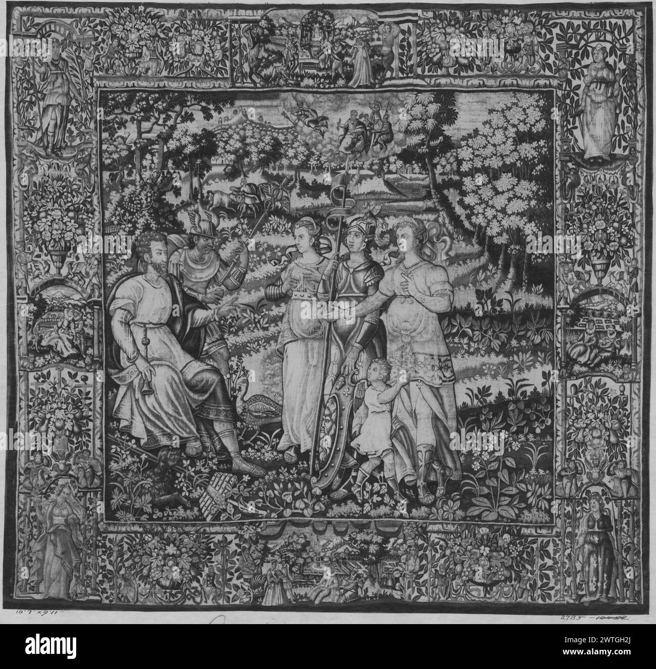 Jugement de Paris. Inconnu c. 1575-1600 dimensions de tapisserie : H 9'11' x l 10'7' tapisserie matériaux/techniques : inconnu culture : Centre de tissage flamand : inconnu historique de propriété : Français et Co. acheté de Bacri frères 3/14/1918 ; transféré à SS 21225 [SS 10452]. French & Co. acheté à Bacri frères le 3/14/1918 ; vendu à Mr. E. V. Benjamin le 2/2/1920 [SS 21225]. Dans le paysage, les déesses Vénus (Aphrodite), Junon (Héra) & Minerve (Athéna), apparaissent devant Paris & Mercure (Hermès), qui tient la pomme dorée ; dans les nuages au-dessus de Zeus & d'autres observent la scène (BRD) fleurs dans des vases & fleurs treillis inters Banque D'Images