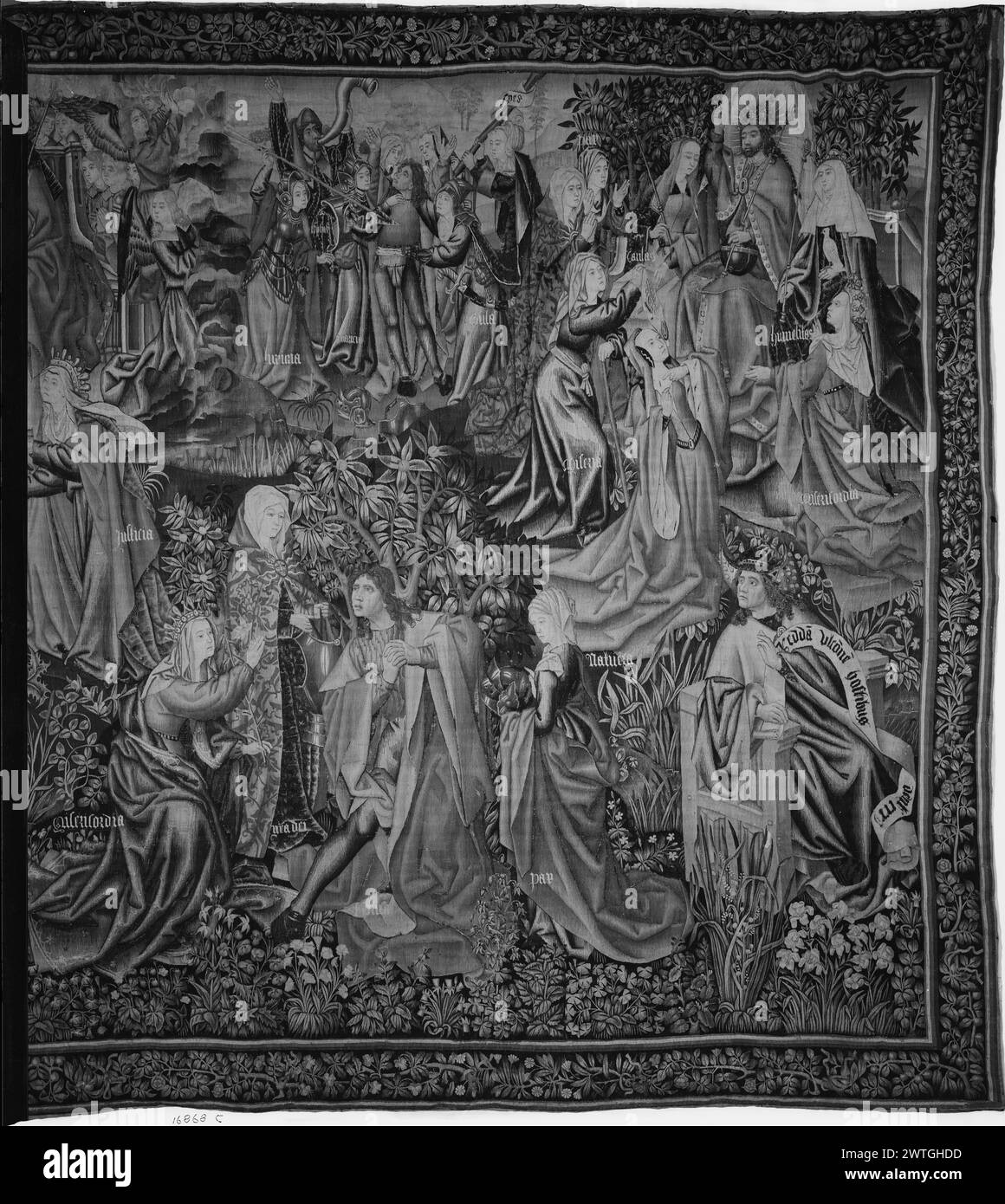 La paix et la miséricorde gagnent la promesse de Rédemption pour Man. Inconnu c. 1500-1520 tapisserie dimensions : H 13'3' x l 26' tapisserie matériaux/techniques : laine (chaîne : 14-15/po ; 5-6cm) ; laine et soie (trame) culture : Sud des pays-Bas histoire de propriété : Juan Rodríguez de Fonsca coll., évêque de Burgos (acheté un total de 8 tapisseries entre 1519-1524) ; légué à la cathédrale de Burgos en 1526. Cathédrale de Burgos coll. ; vendu en 1926. French & Co. acheté à Mr. R. [Raimundo] Ruiz, facturé le 5/7/1931, vendu au Metropolitan Museum of Art le 2/4/1938. États-Unis, New York, New York, le Metropolitan Mus Banque D'Images