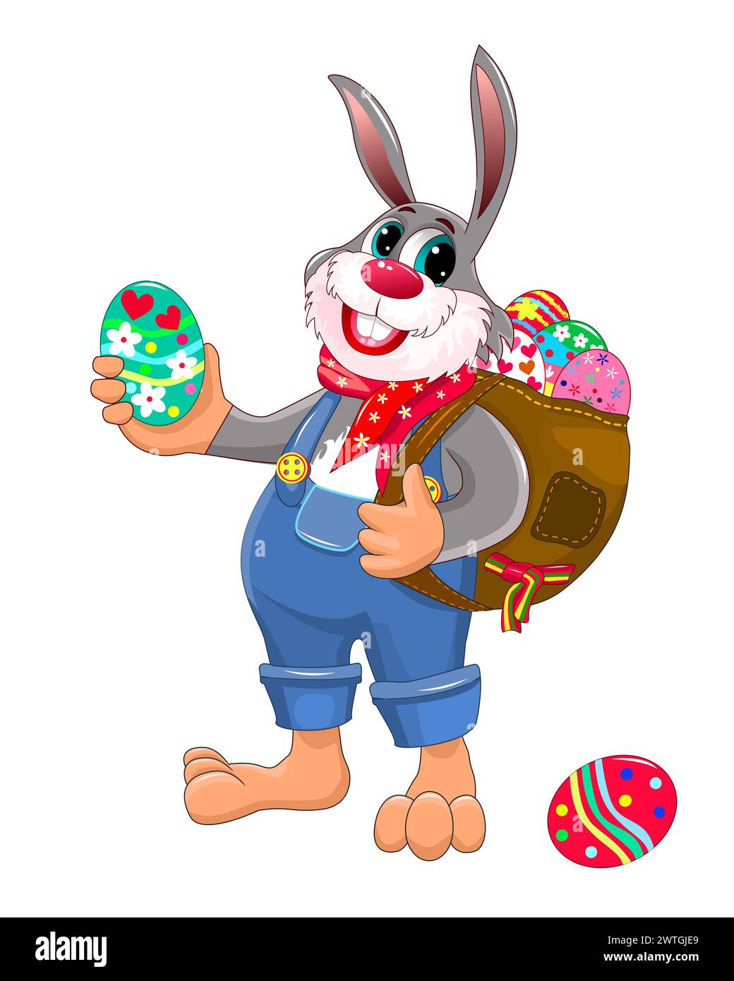 Lapin de dessin animé avec un sac rempli d'œufs de Pâques. Lièvre sur fond blanc. Illustration de Vecteur