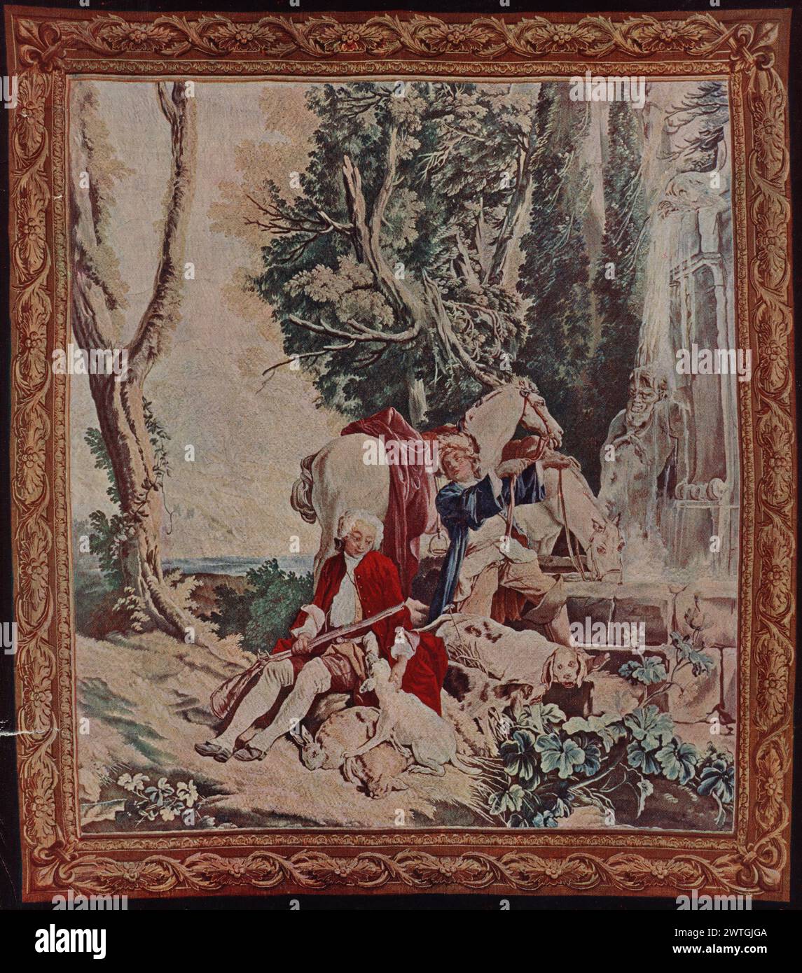 Hunter. Boucher, François (français, 1703-1770) (auteur de dessin, 1734-46) [peintre] Besnier, Nicolas (français, né 1686-d.1754) (atelier) [tisserand] Charron, André-Charlemagne (français, fl.1754-1780) (atelier) [tisserand] c. 1736-1760 tapisserie dimensions : H 2,35 x l 2,30 m tapisserie matériaux/techniques : laine (chaîne) ; laine et soie (trame) culture : Centre de tissage français : Beauvais copropriété française ? Italie, Latium, Rome, Palazzo Venezia (?). Jeune homme, assis sur une banque herbeuse, tient un chien pistolet et caresse, 2 lapins morts sont sous la patte du chien, derrière lui le marié tient 2 chevaux dont un boit Banque D'Images