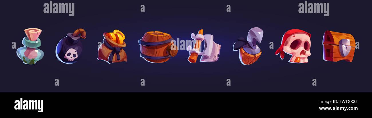 Les icônes d'interface utilisateur de jeu de pirate ont défini un sac vectoriel de bande dessinée avec des pièces d'or, fermer le coffre en bois avec un trésor, une lettre dans une bouteille en verre, un crâne dans un mouchoir rouge et un drapeau blanc, un baril avec du rhum, une bombe et un crochet en métal Illustration de Vecteur