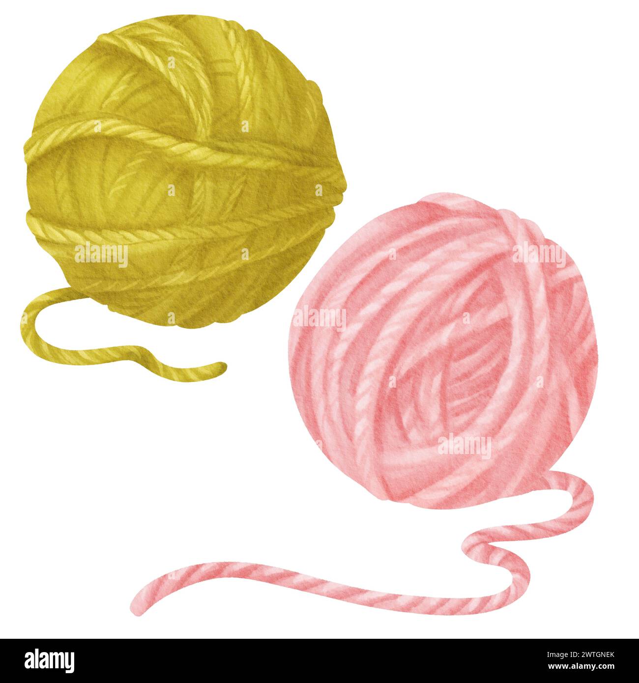 Ensemble de représentation aquarelle isolée d'une bobine de fil rose et vert. Composé de brins de laine et de coton. pour les amateurs, boutiques de couture, tissus et Banque D'Images