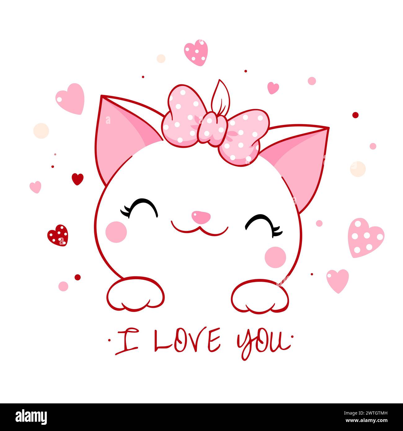 Carte de Saint-Valentin mignonne dans le style kawaii. Joli petit chat avec arc rose et coeurs. Inscription je t'aime. Peut être utilisé pour l'impression de t-shirt, autocollants, Gree Banque D'Images