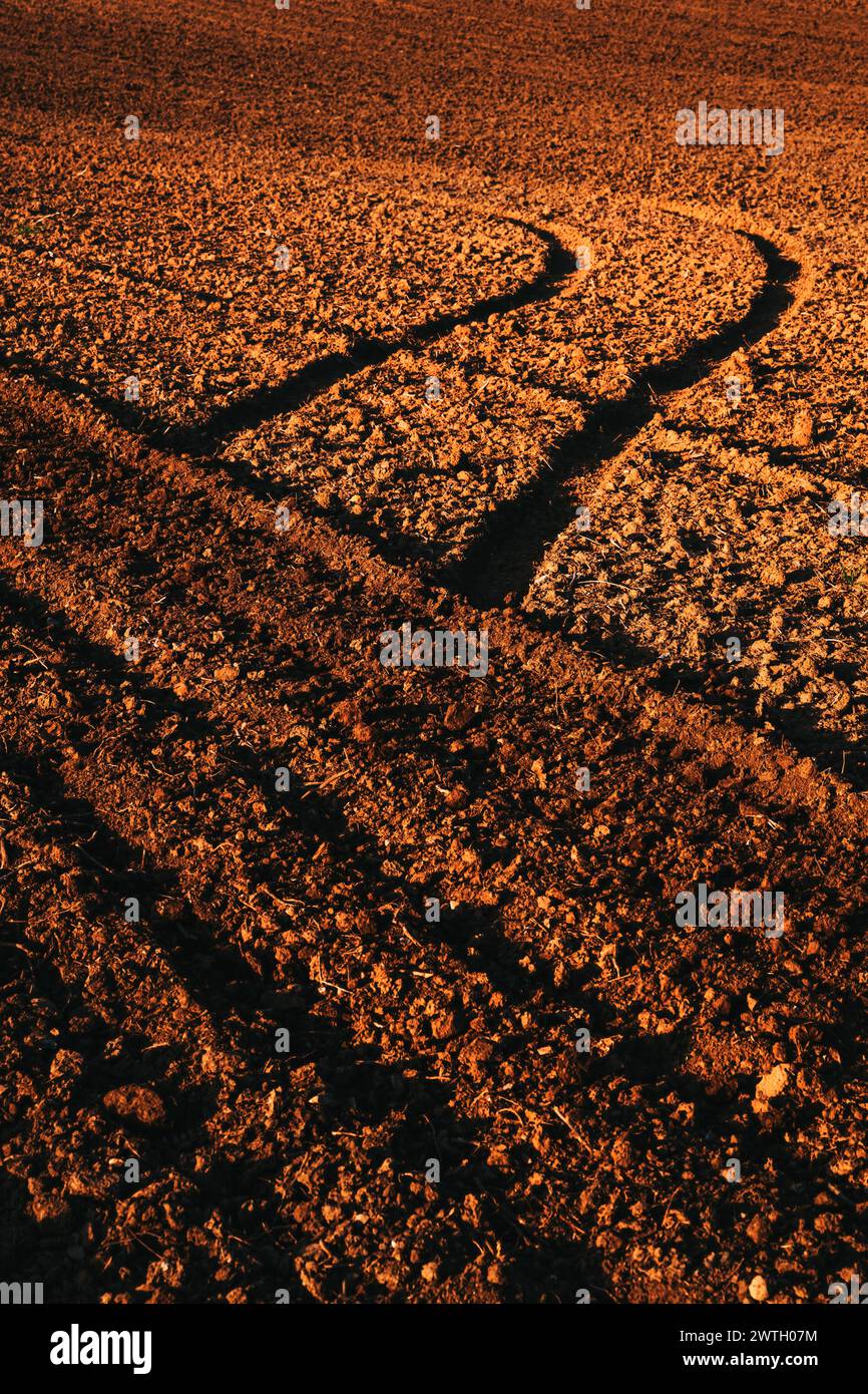 Marques de la bande de roulement des pneus d'un tracteur agricole dans un sol labouré, image verticale avec mise au point sélective Banque D'Images