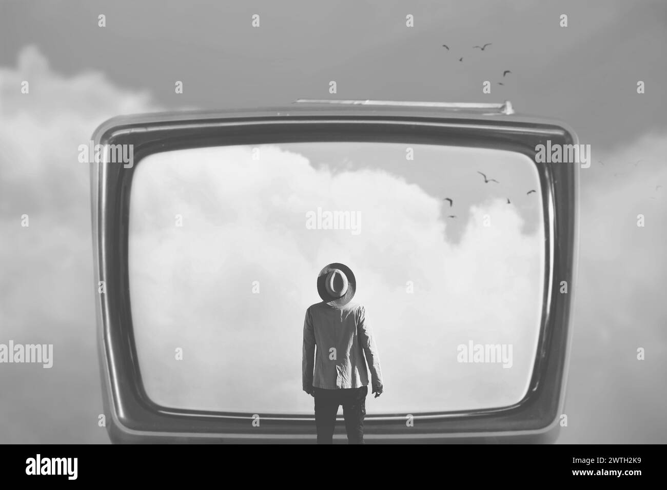 homme regardant le ciel emprisonné dans une télé surréaliste, concept abstrait Banque D'Images