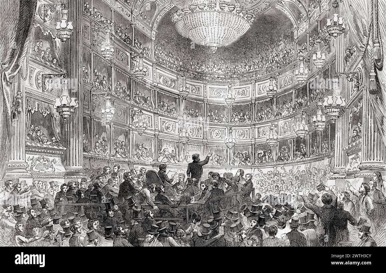 Une réunion de l'anti-Corn Law League dans un théâtre Drury Lane, Londres au XIXe siècle. Les Corn Laws étaient des taxes sur le grain importé introduites en 1815, la Ligue était responsable de retourner l'opinion publique et l'élite contre les lois. Extrait de Cassell's Illustrated History of England. Banque D'Images