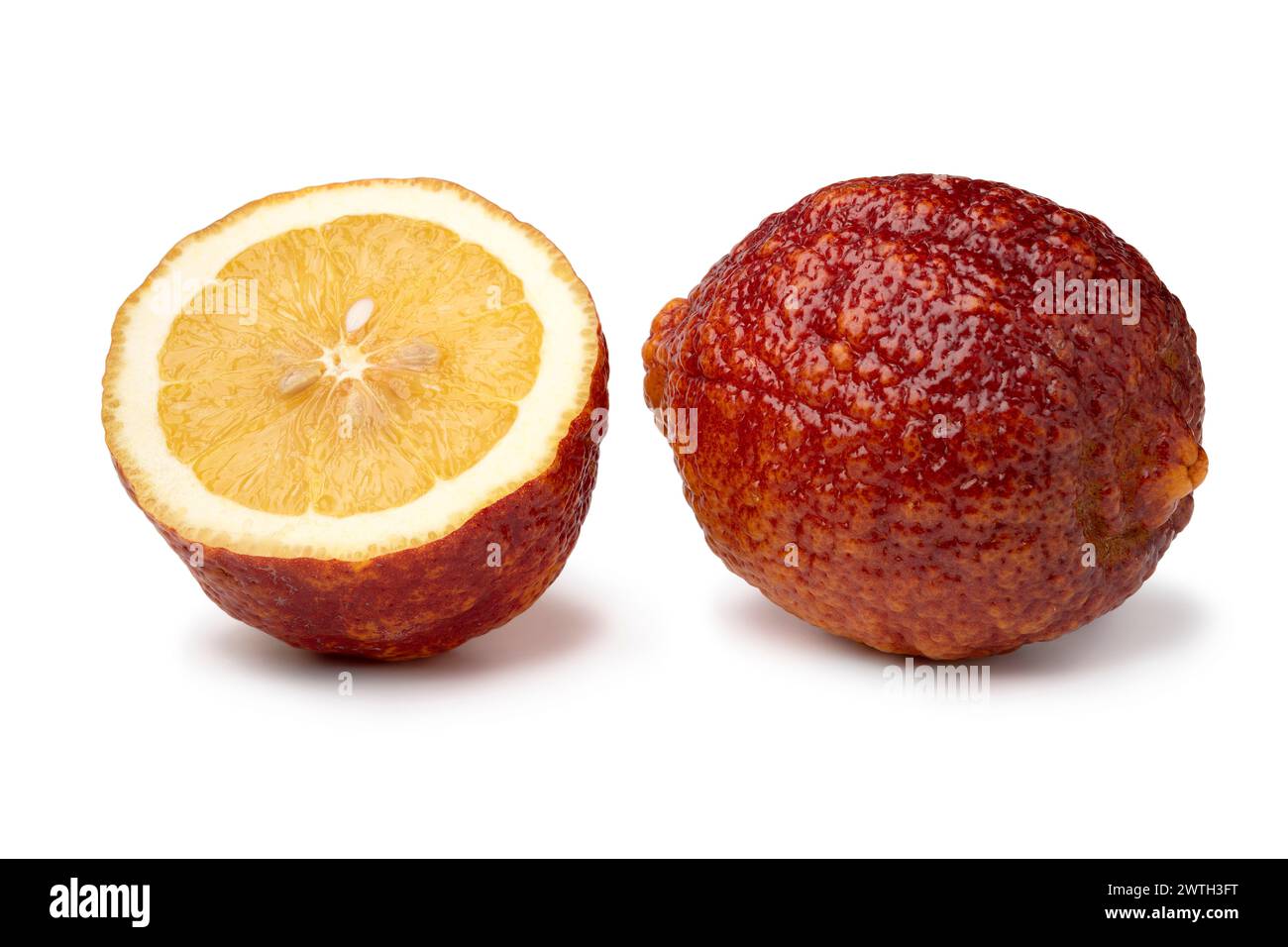 Entier et demi frais Citrus limon Rosso, citron rouge, gros plan isolé sur fond blanc Banque D'Images