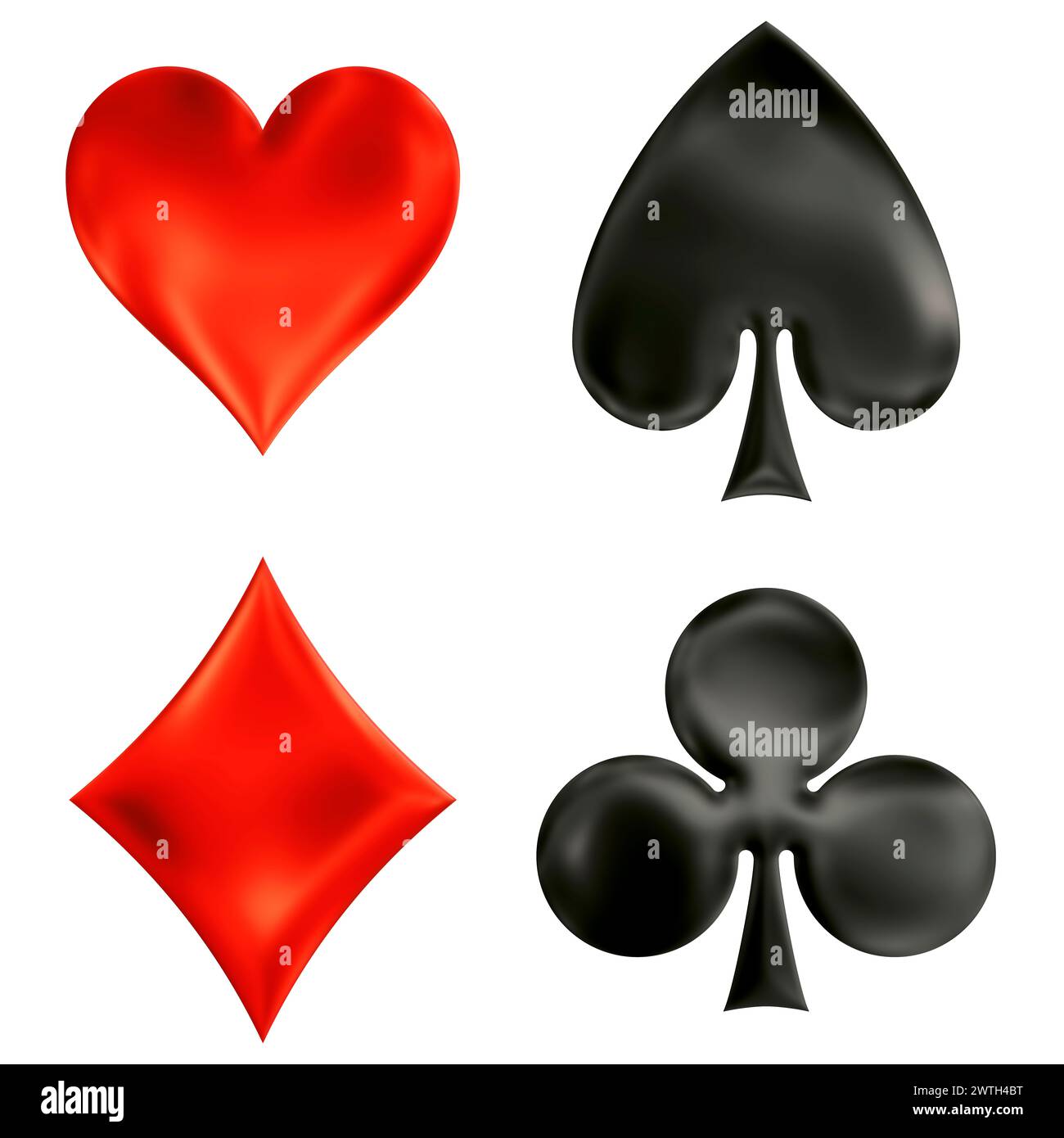Signes traditionnels de cartes de poker, coeurs, clubs, pique, diamants, illustration graphique en couleur sur fond blanc de boulangerie Banque D'Images