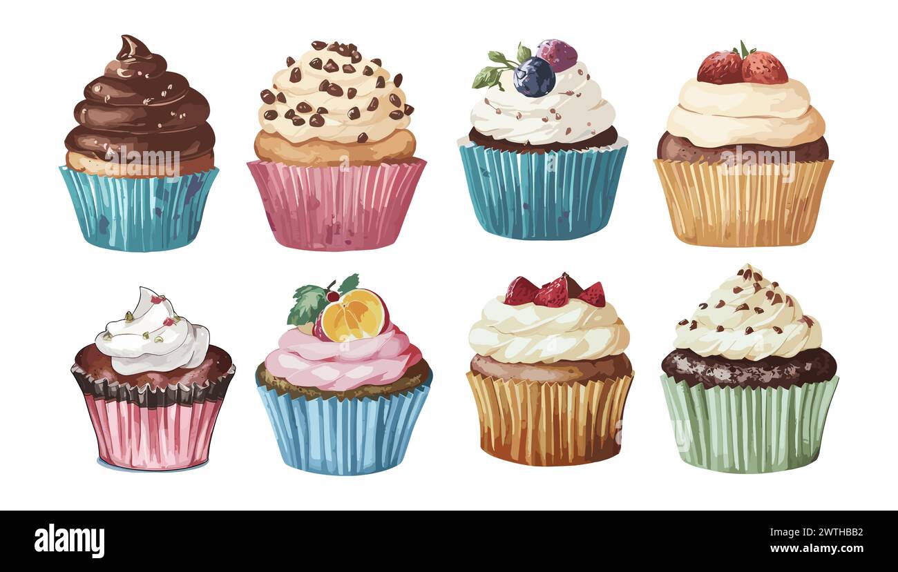 Ensemble de différents cupcakes clip aquarelle Illustration de Vecteur