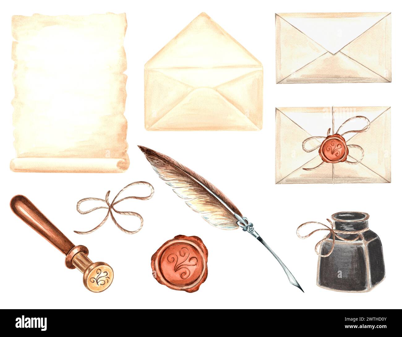 Ensemble de fournitures d'écriture vintage pour la conception décorative. Papier parchemin, plume et encrier, enveloppes, sceau de cire, corde. Papeterie rétro. Main d Banque D'Images
