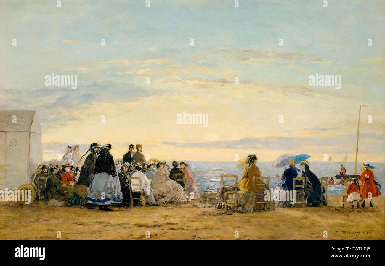 Eugène boudin, sur la plage, coucher de soleil, peinture à l'huile sur bois, 1865 Banque D'Images