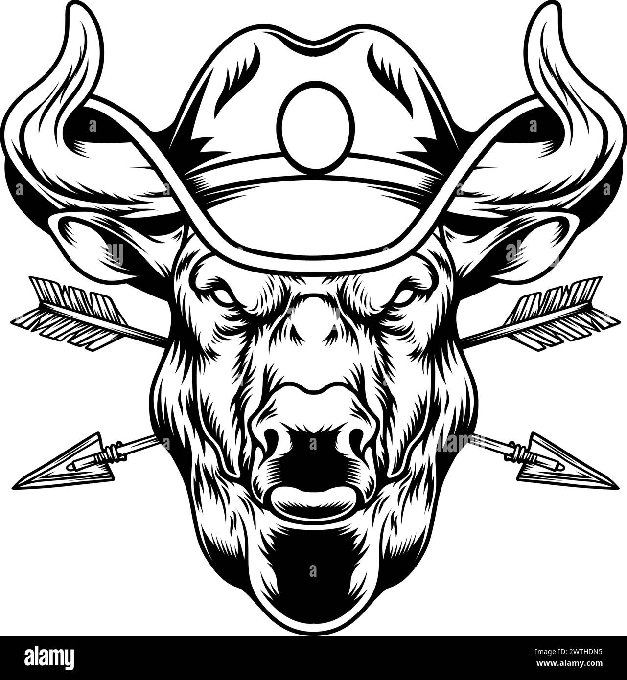 Illustration de tête de taureau avec chapeau de cow-boy dans le style de gravure. Élément de design pour logo, étiquette, signe, emblème, badge. Illustration vectorielle d'un taureau Illustration de Vecteur