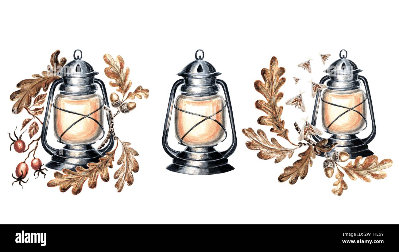 Ensemble vintage de compositions avec lanterne, mites, feuilles de chêne d'automne et rose musquée. Aquarelle illustration dessinée à la main de lampes à kérosène Old Fashioned hom Banque D'Images