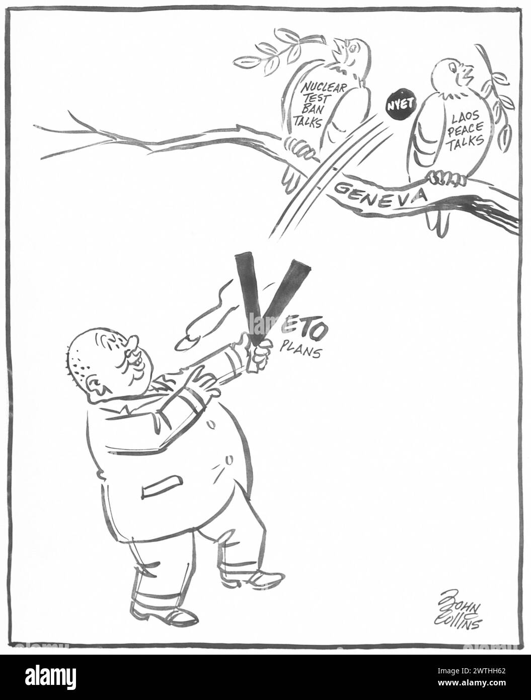 Dessin animé - deux colombes avec une pierre. John Collins (1917-2007) Banque D'Images