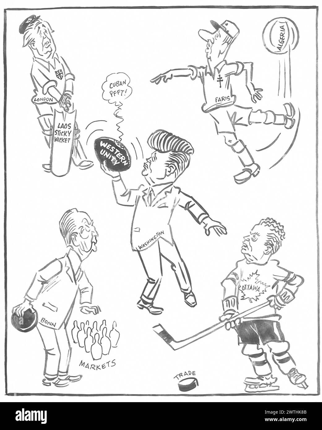 Dessin animé - toucher Football en difficulté. John Collins (1917-2007) Banque D'Images