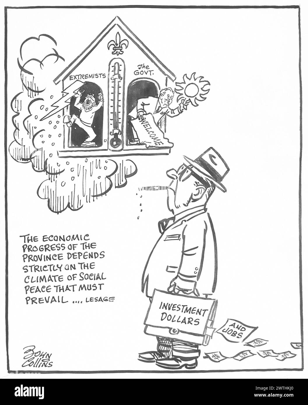 Caricature - rapport météorologique politique. John Collins (1917-2007) Banque D'Images