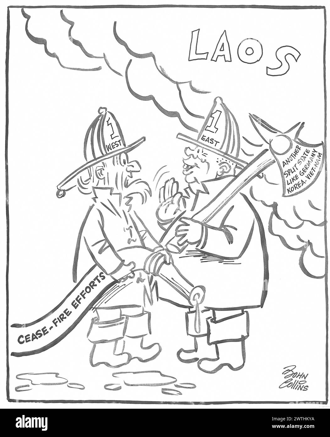 Dessin animé - équipement de lutte contre l'incendie. John Collins (1917-2007) Banque D'Images