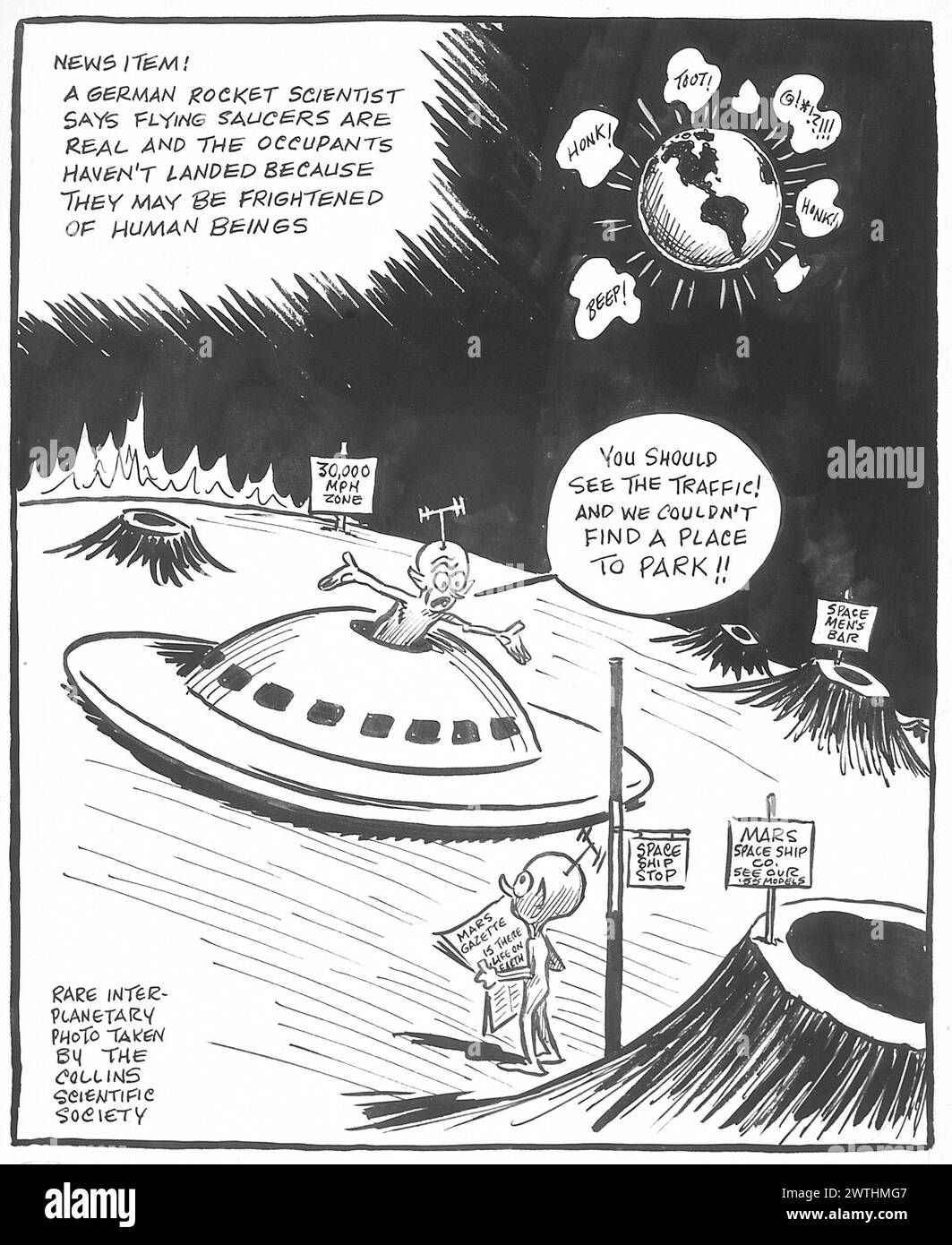 Cartoon - rapport de l'espace extra-atmosphérique. John Collins (1917-2007) Banque D'Images