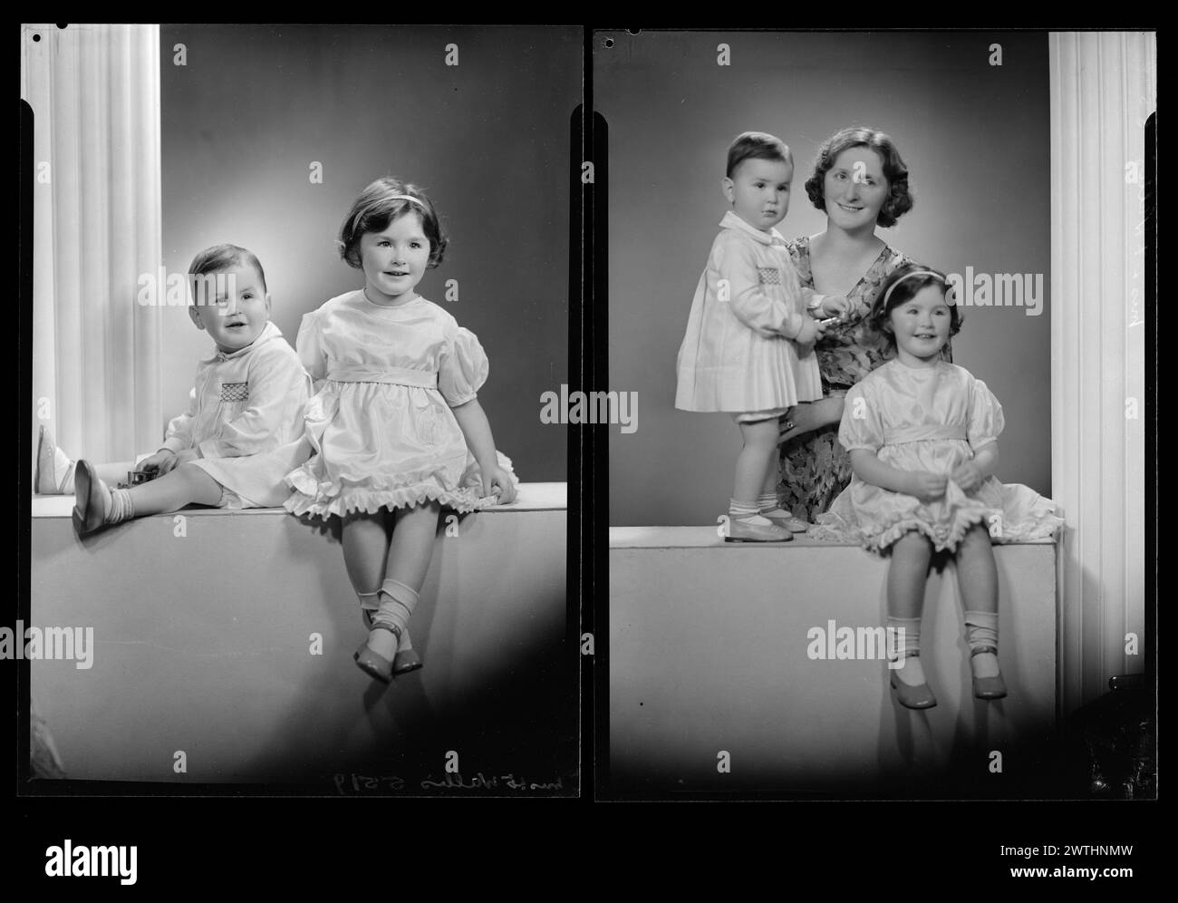 Femme et enfants ; négatifs argentés en gélatine 'MRS L. F. Wallis' inscrits, négatifs en noir et blanc, portraits de studio Banque D'Images