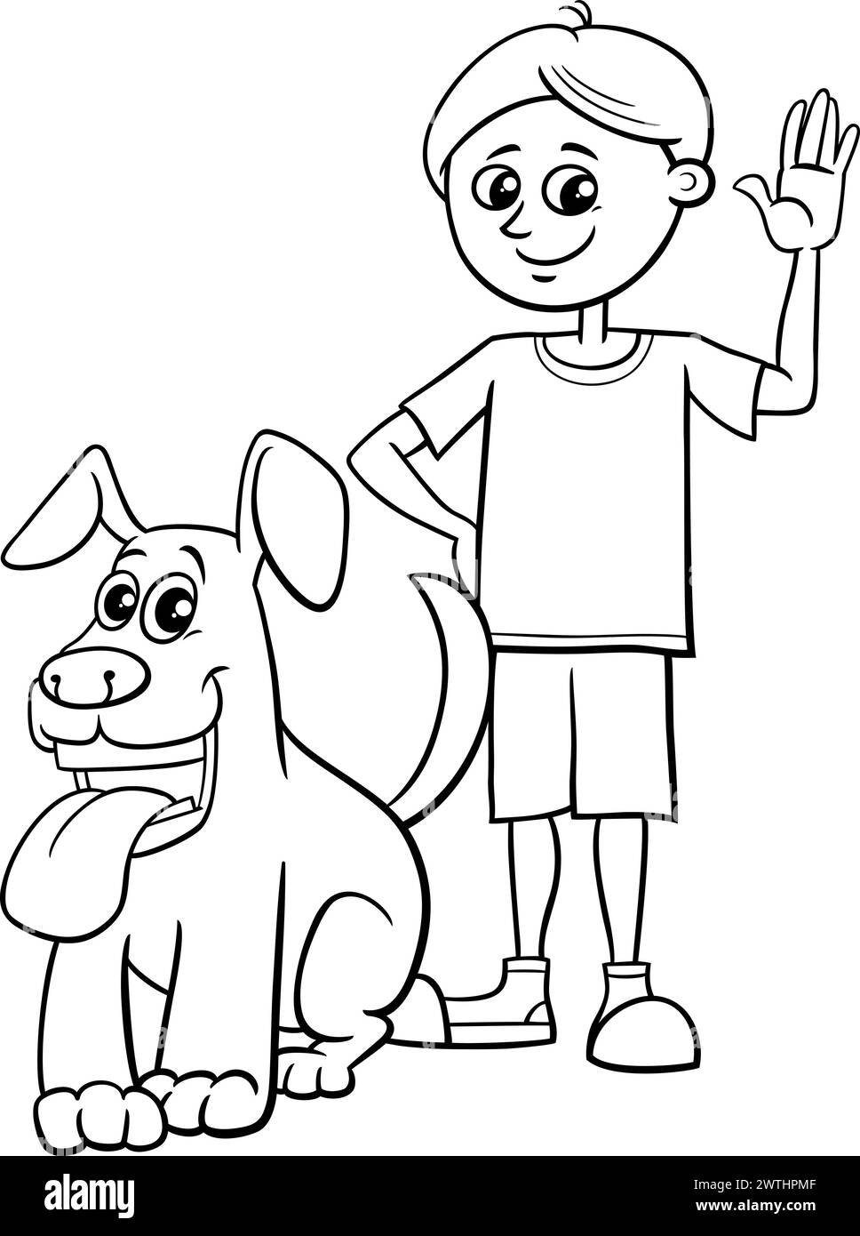 Illustration de dessin animé de personnage de garçon drôle avec sa page de coloriage de chien de compagnie Illustration de Vecteur